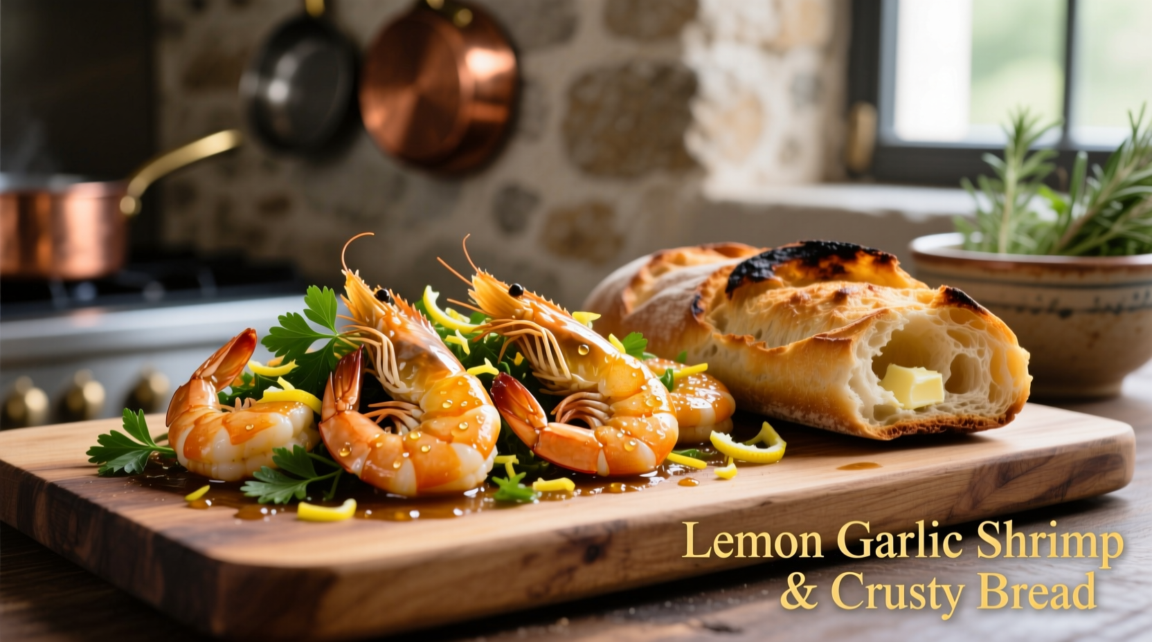 Lemon garlic shrimp served with crusty bread