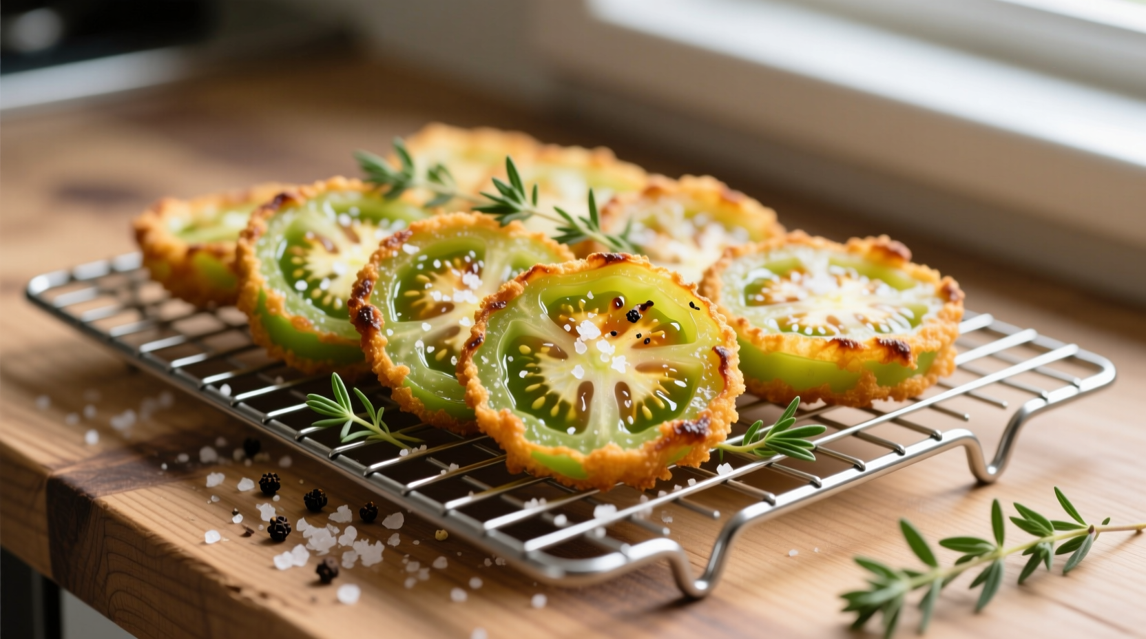 Golden fried green tomato slices on wire rack