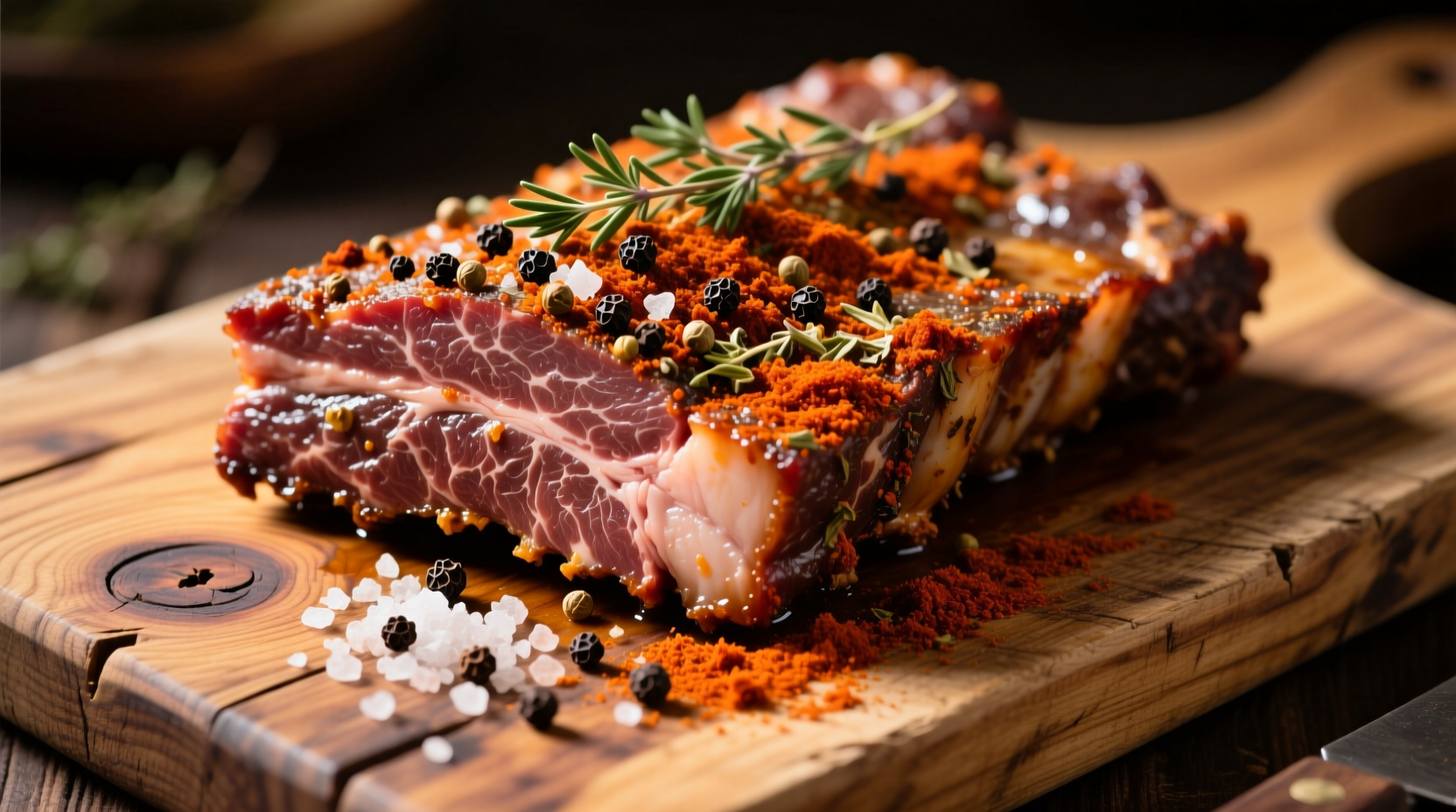 Beef brisket with curing spices on wooden board