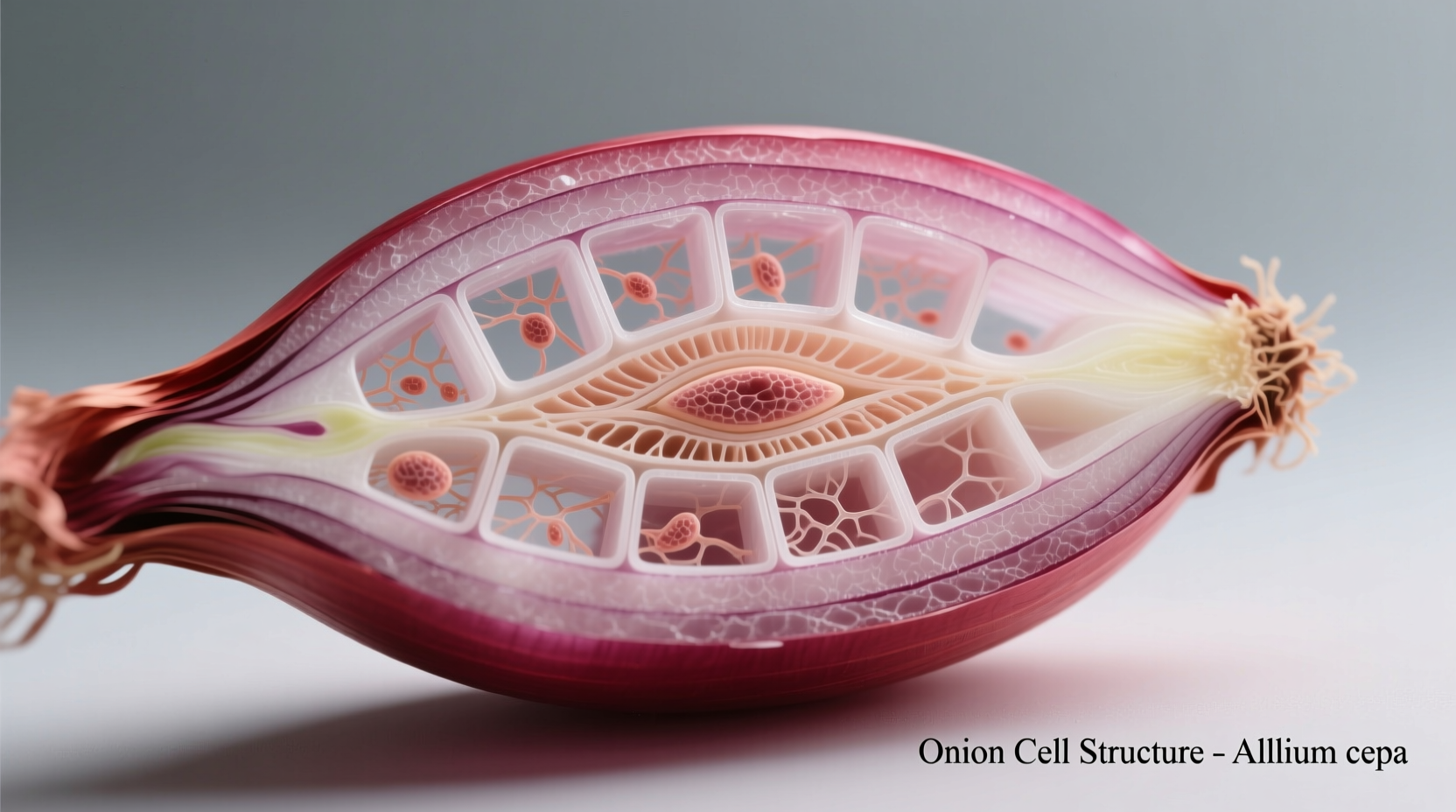 Cross-section of raw red onion showing cellular structure