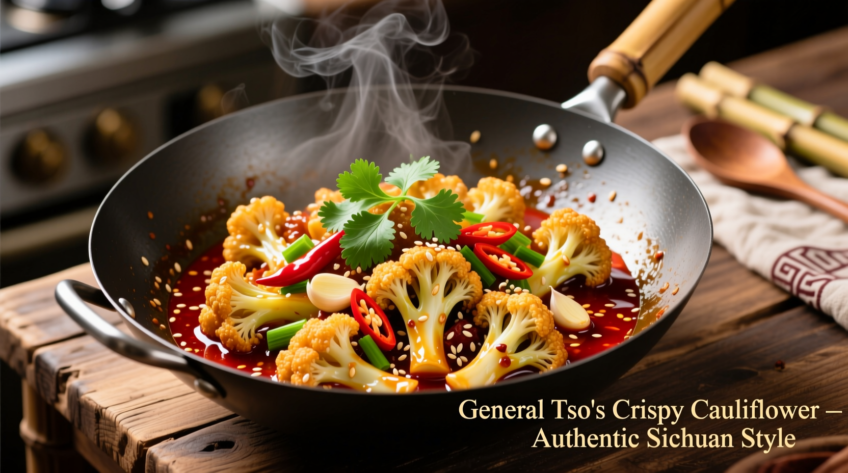 Crispy golden cauliflower General Tso in wok with fresh garnishes