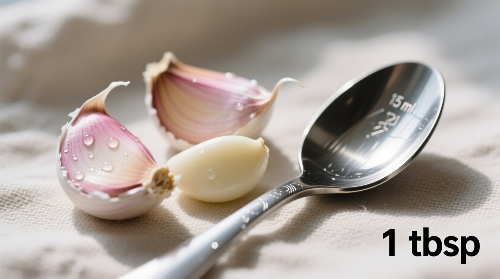 Three peeled garlic cloves next to tablespoon measurement
