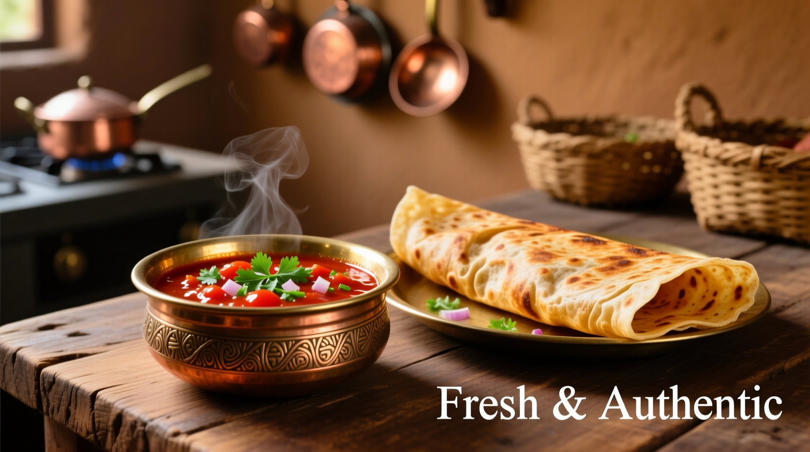Fresh tomato chutney in brass bowl with dosa