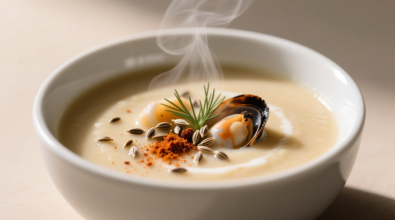 Close-up of smoked paprika and fennel seeds sprinkled over creamy seafood soup in white bowl