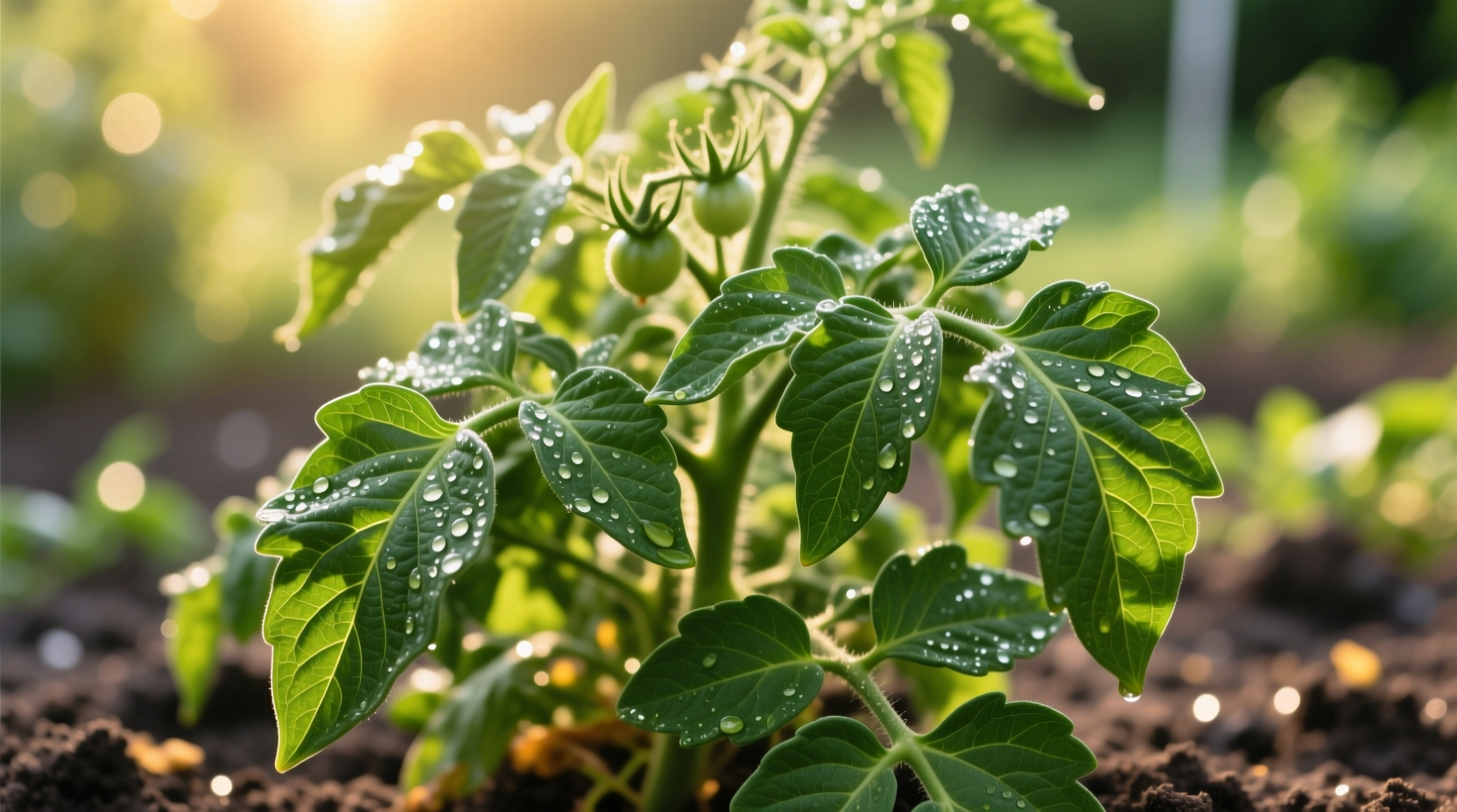 Close-up of healthy tomato plant with vibrant green leaves
