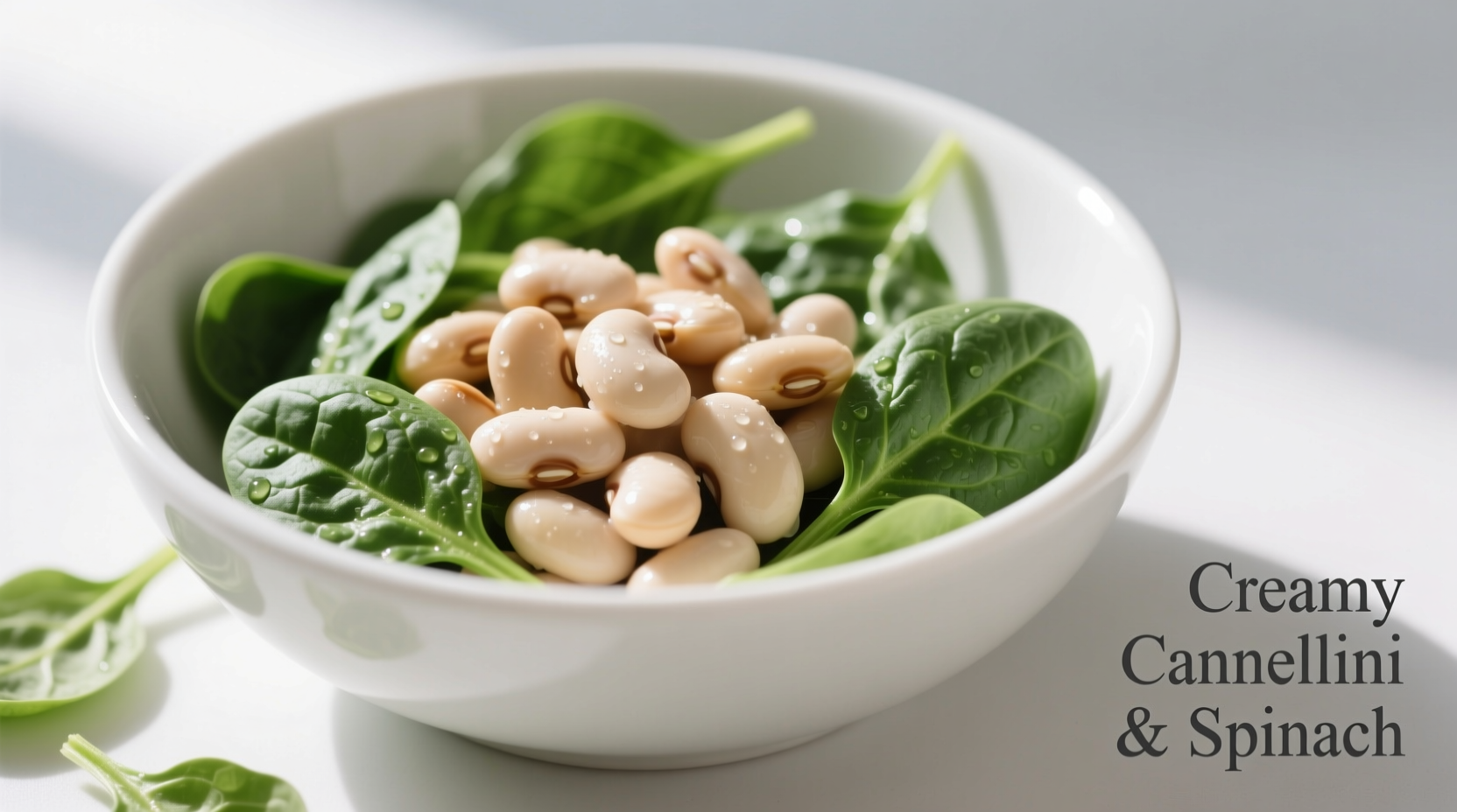 Creamy cannellini beans with fresh spinach in white bowl