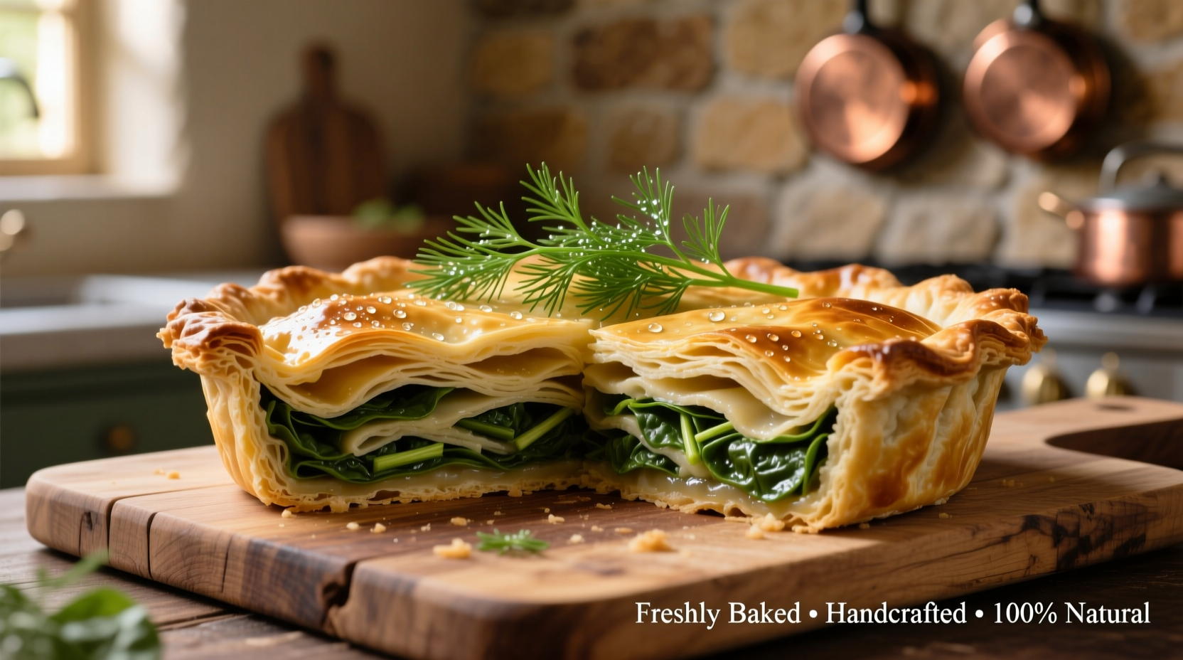 Golden spinach pie with flaky layers and fresh dill garnish