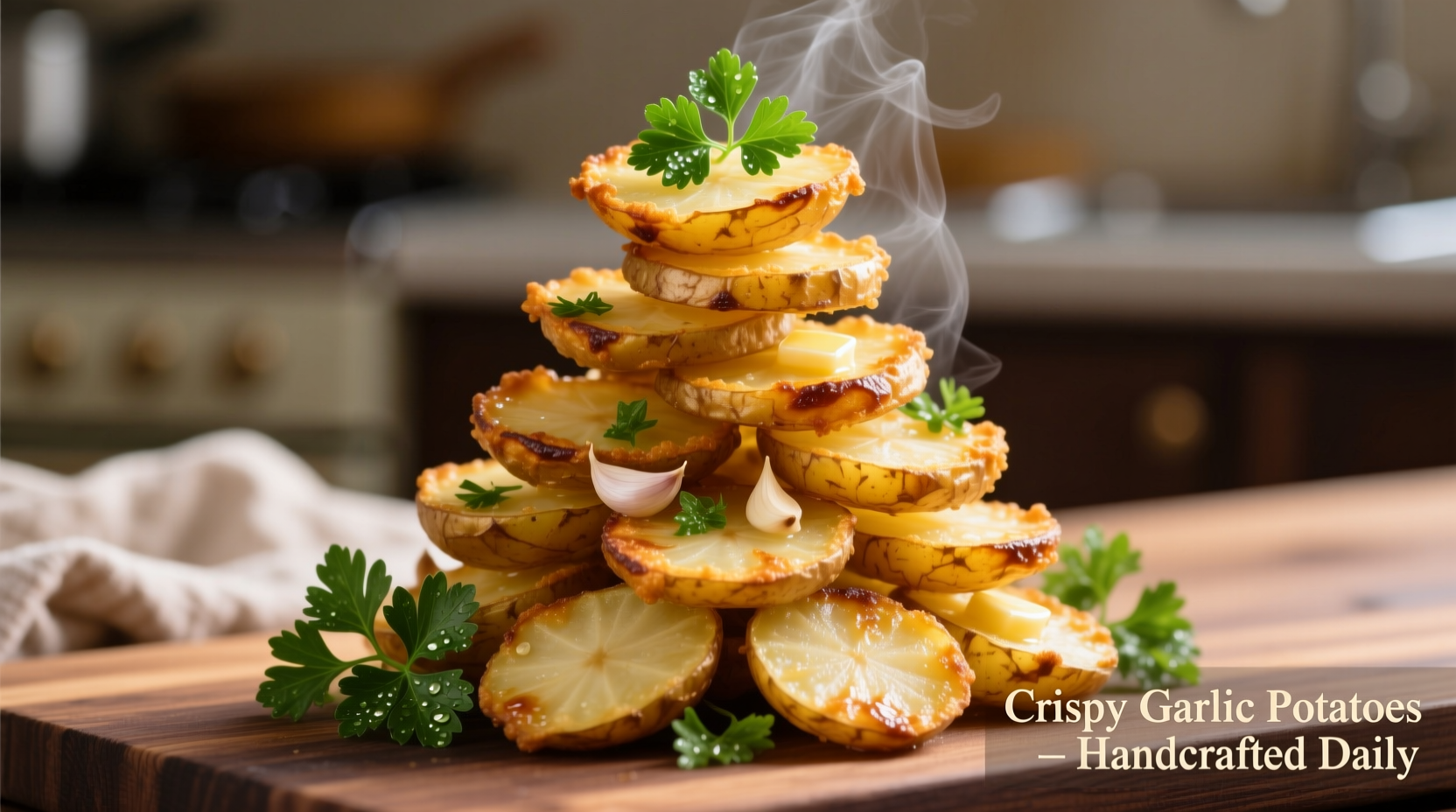 Golden crispy garlic potato stacks with fresh parsley garnish