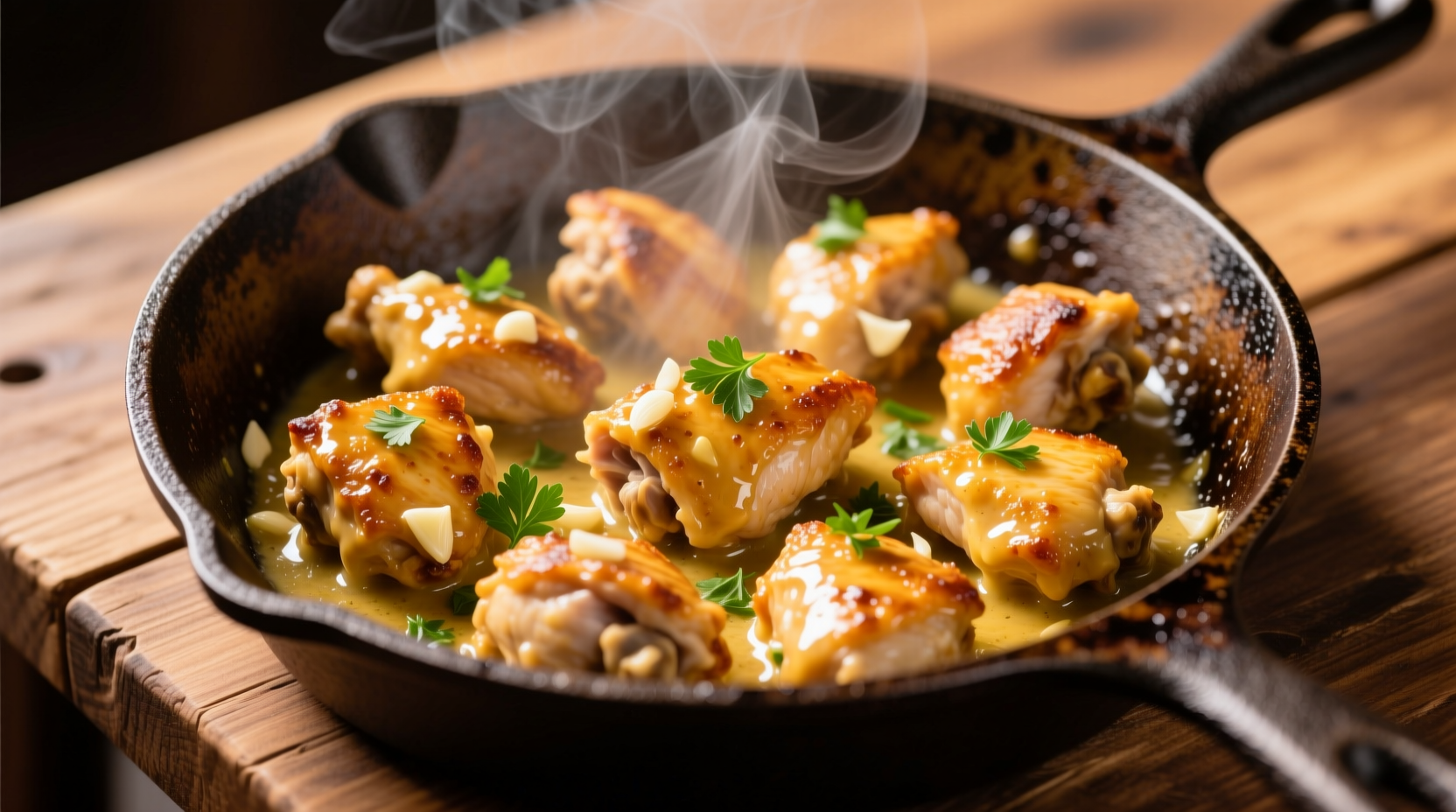 Golden garlic butter chicken bites in cast iron skillet