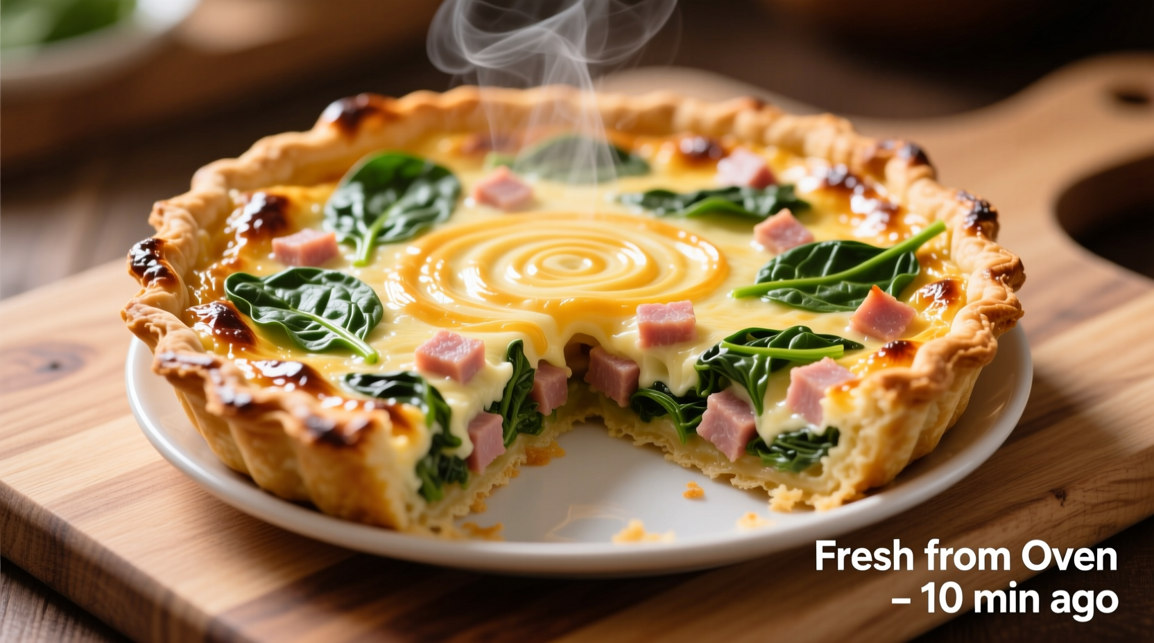 Spinach ham quiche fresh from oven