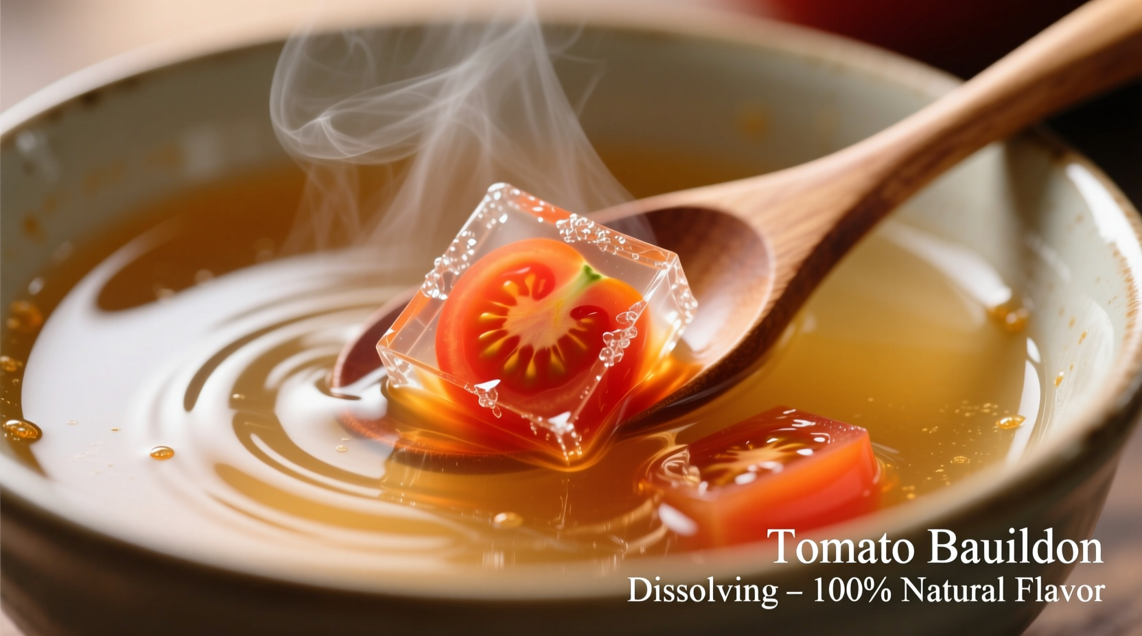 Tomato bouillon cubes dissolving in clear broth