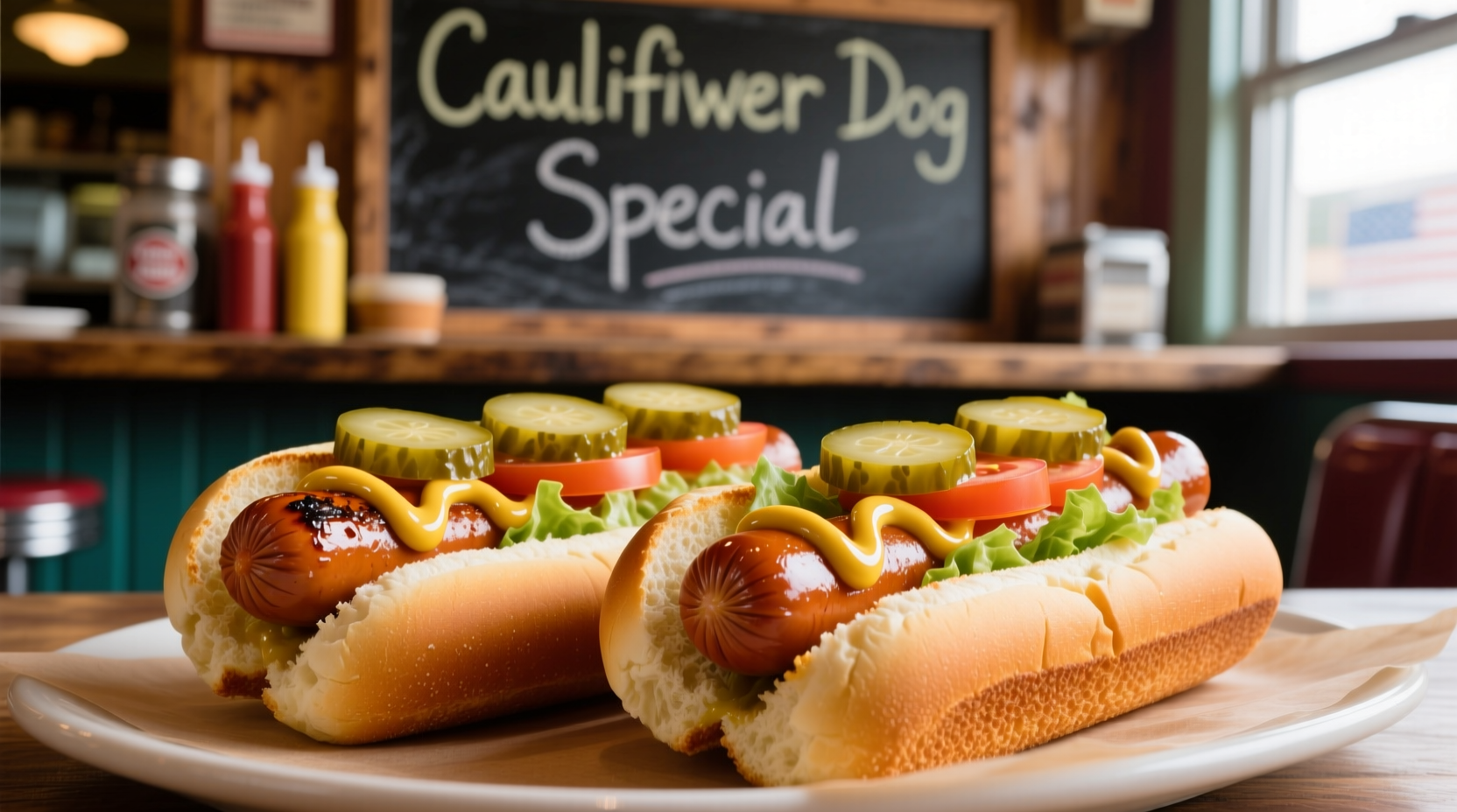 Cauliflower hot dogs served on buns with classic toppings