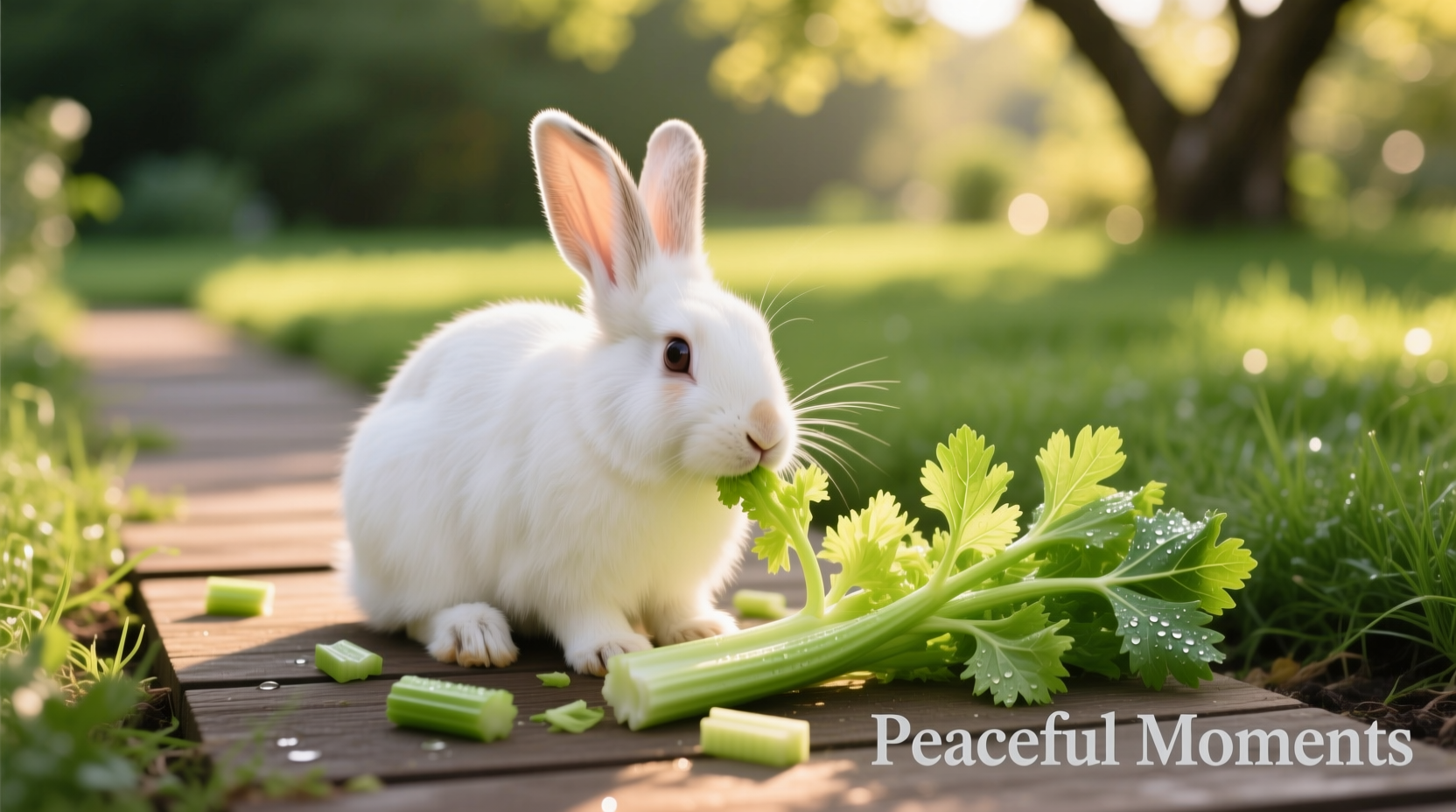 Rabbit safely eating chopped celery leaves