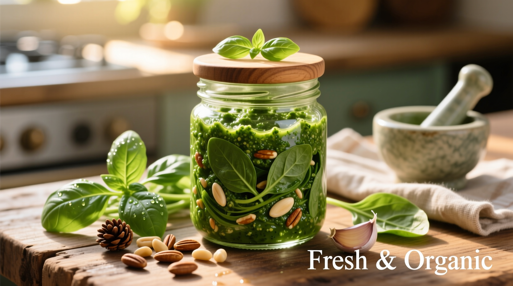 Vibrant green spinach basil pesto in glass jar with fresh ingredients