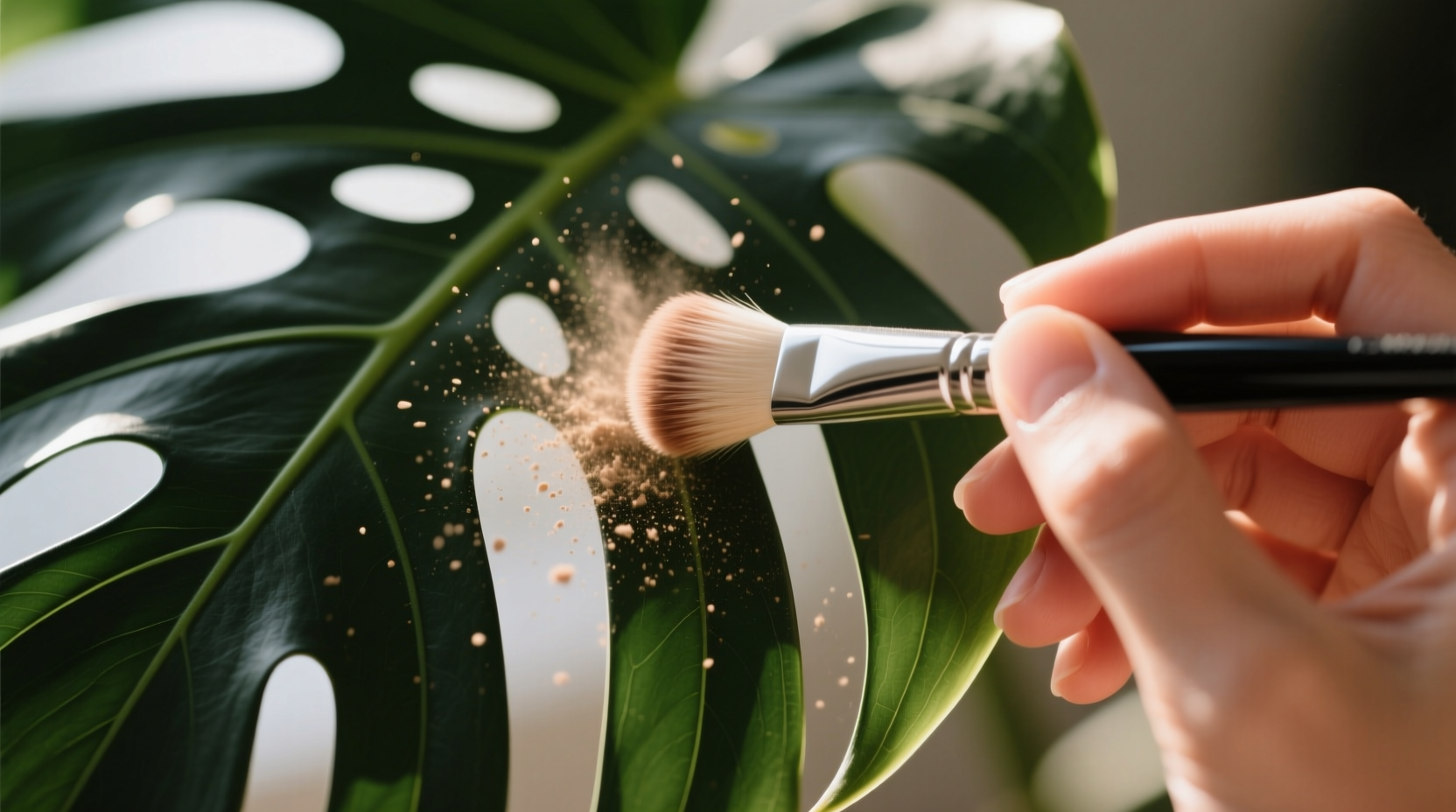 Close-up of a hand using a soft-bristle makeup brush to gently sweep dust outward from the edge of a monstera leaf fenestration, with natural light highlighting the texture of the leaf surface and the precision of the motion