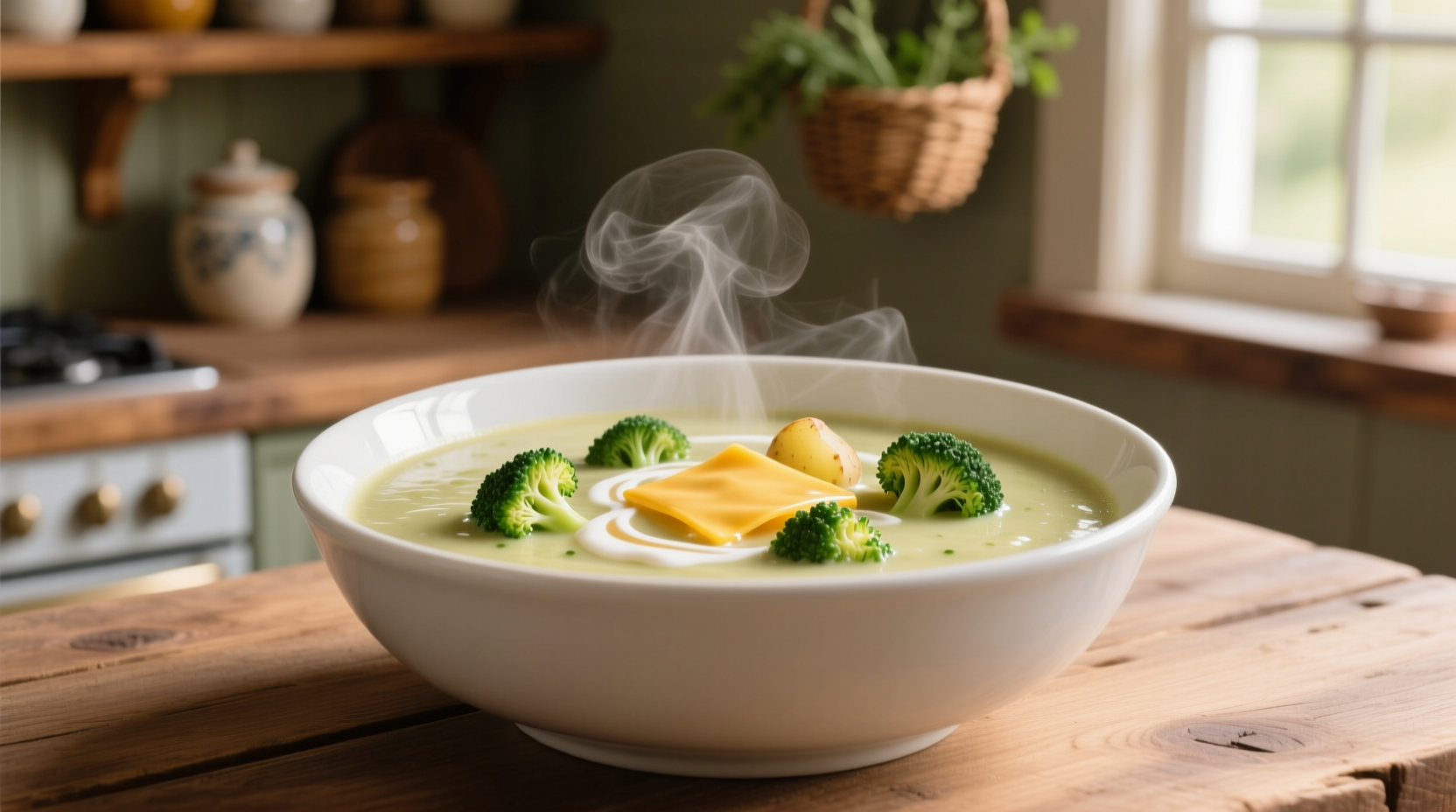 Creamy potato cheddar broccoli soup in white bowl