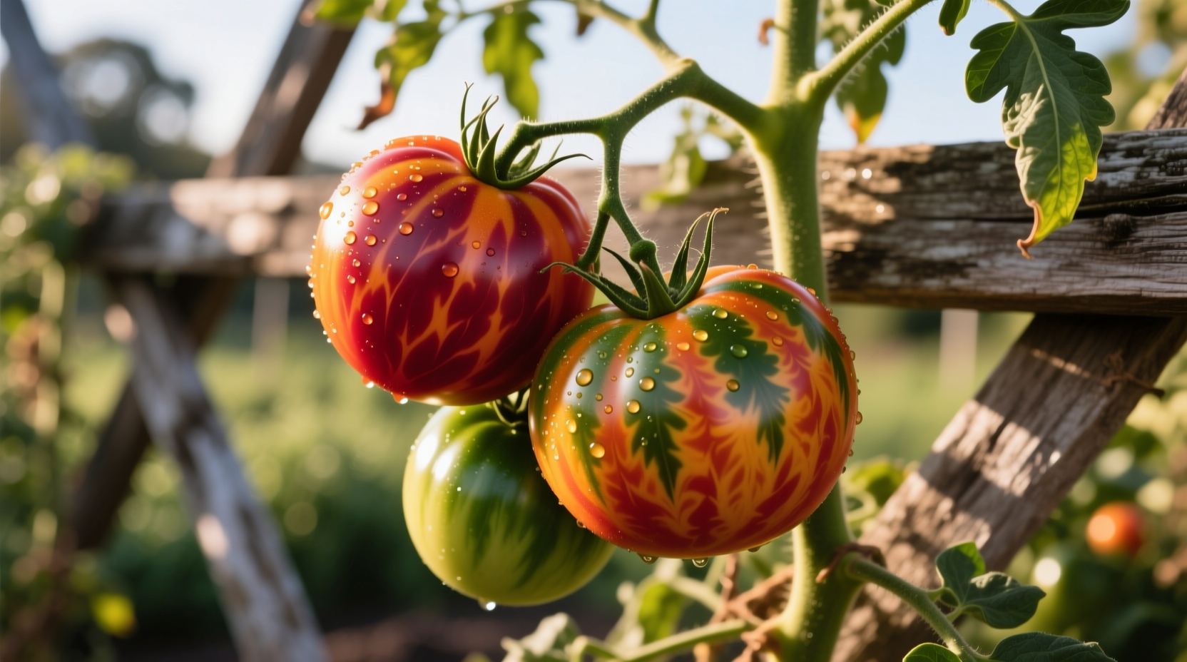 Ripe Berkeley Tie Dye tomatoes on vine with marbled pattern