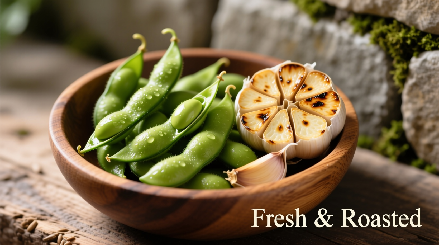 Fresh edamame pods with roasted garlic cloves