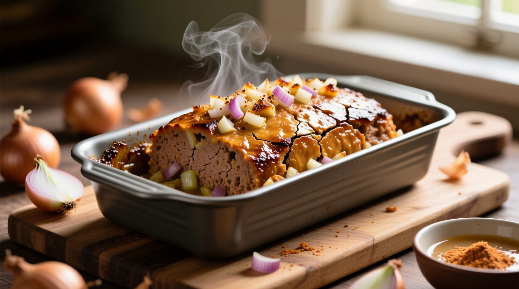 Meatloaf with onion soup mix baking in loaf pan