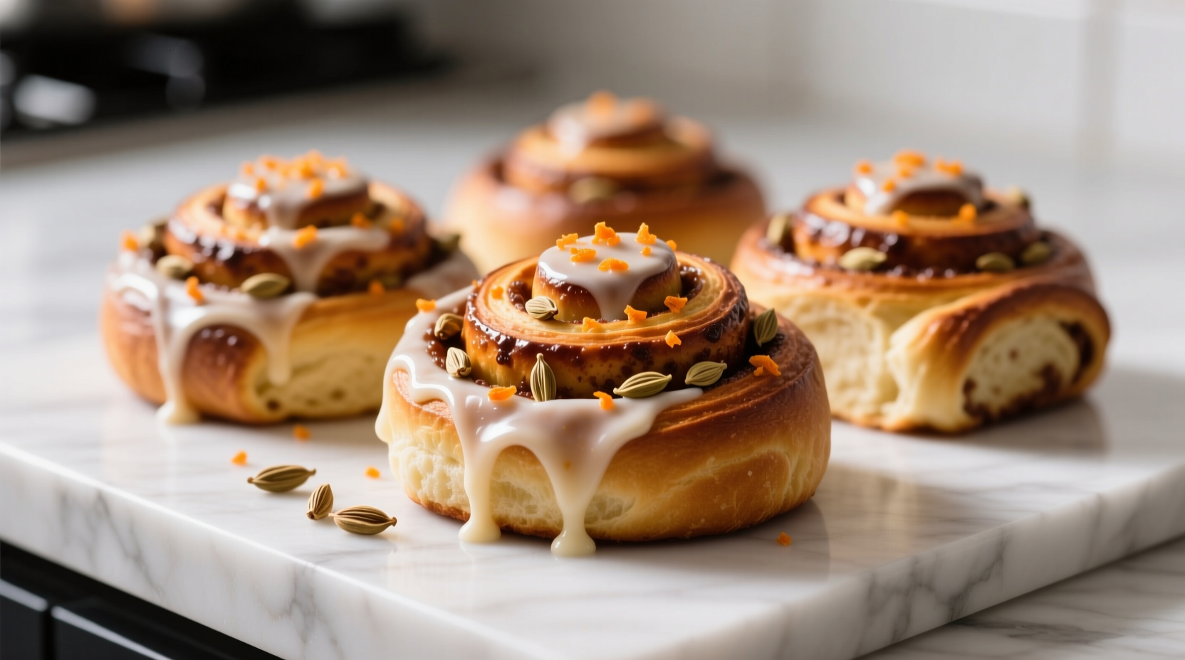 Close-up of Rhodes cinnamon rolls with visible cardamom seeds and orange zest sprinkled on the icing