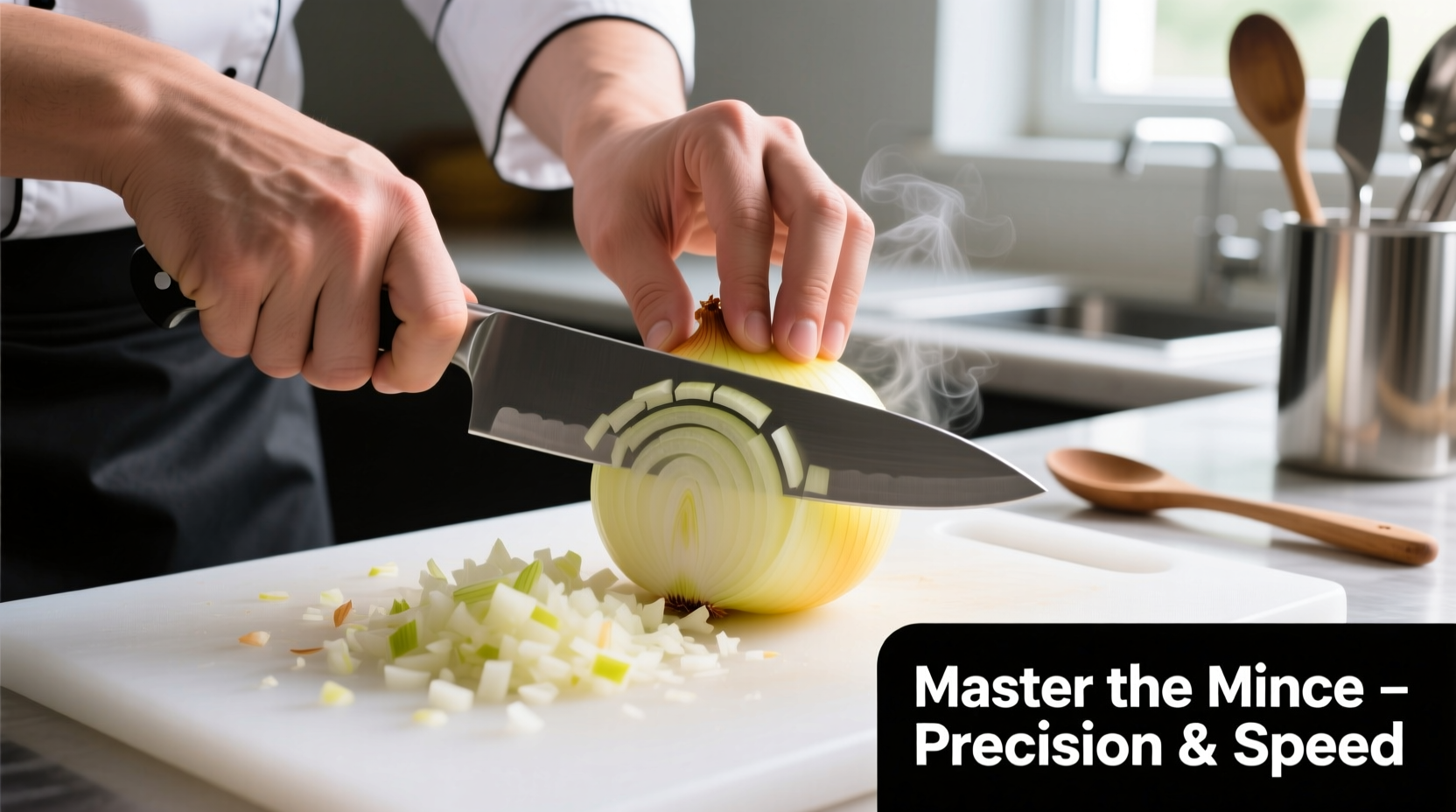 Chef's hands demonstrating proper onion mincing technique