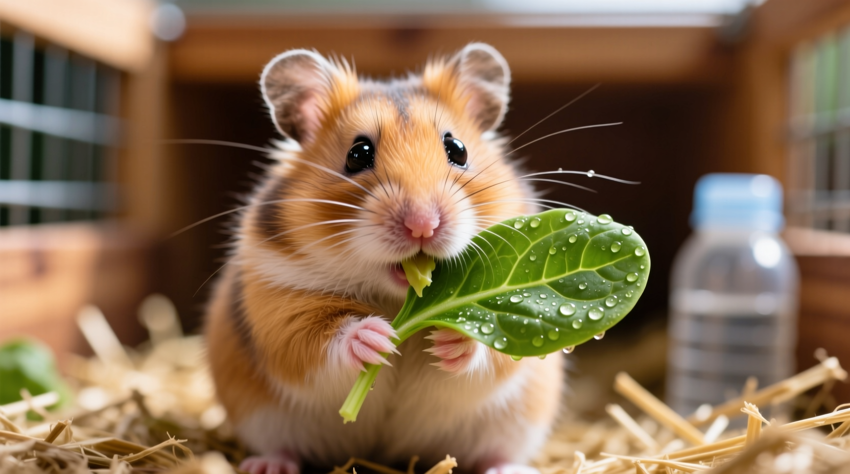 Hamster nibbling on small piece of spinach leaf