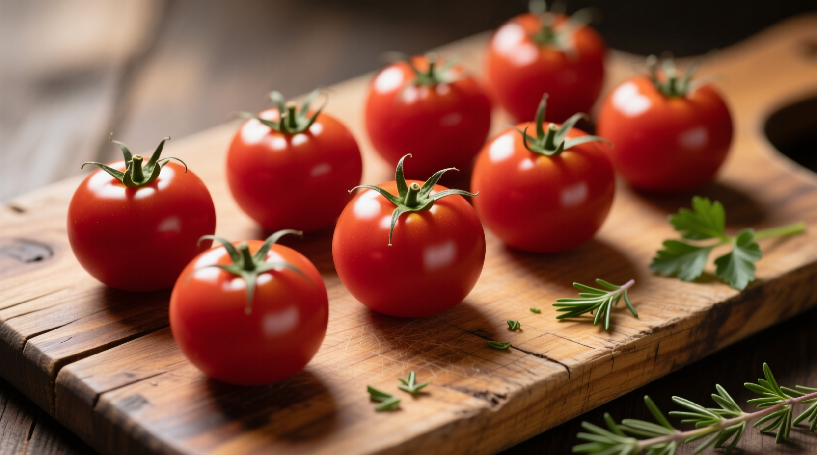 Fresh Roma tomatoes on wooden cutting board