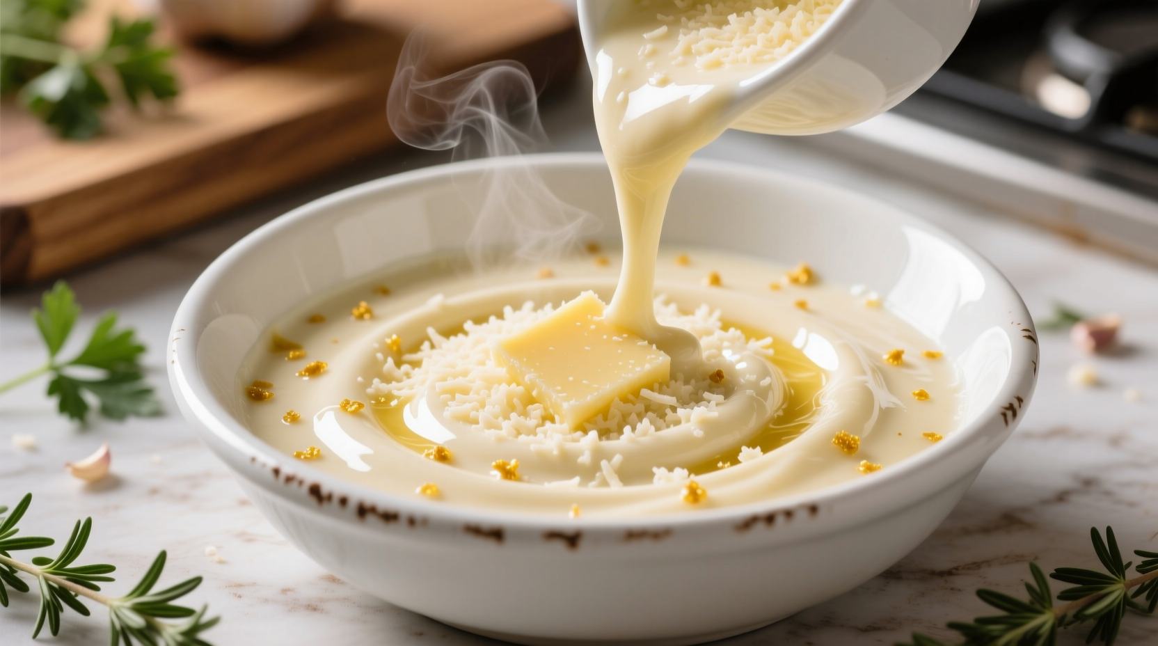 Freshly made parmesan garlic sauce in white bowl