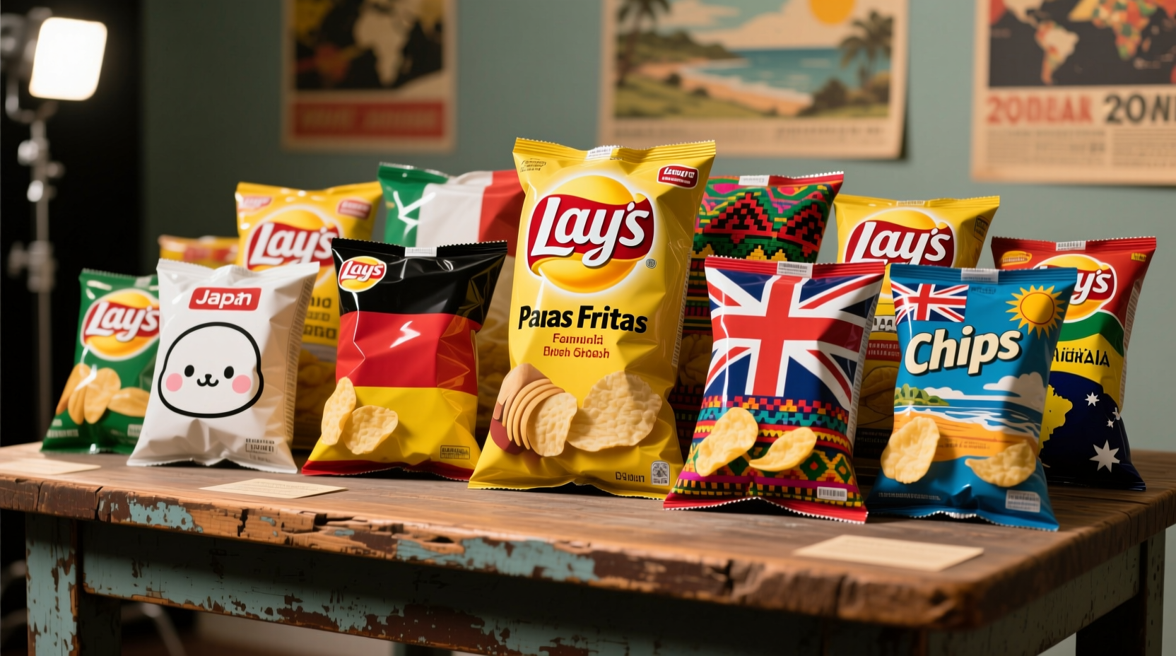 Assortment of Lay's potato chip packaging from multiple countries