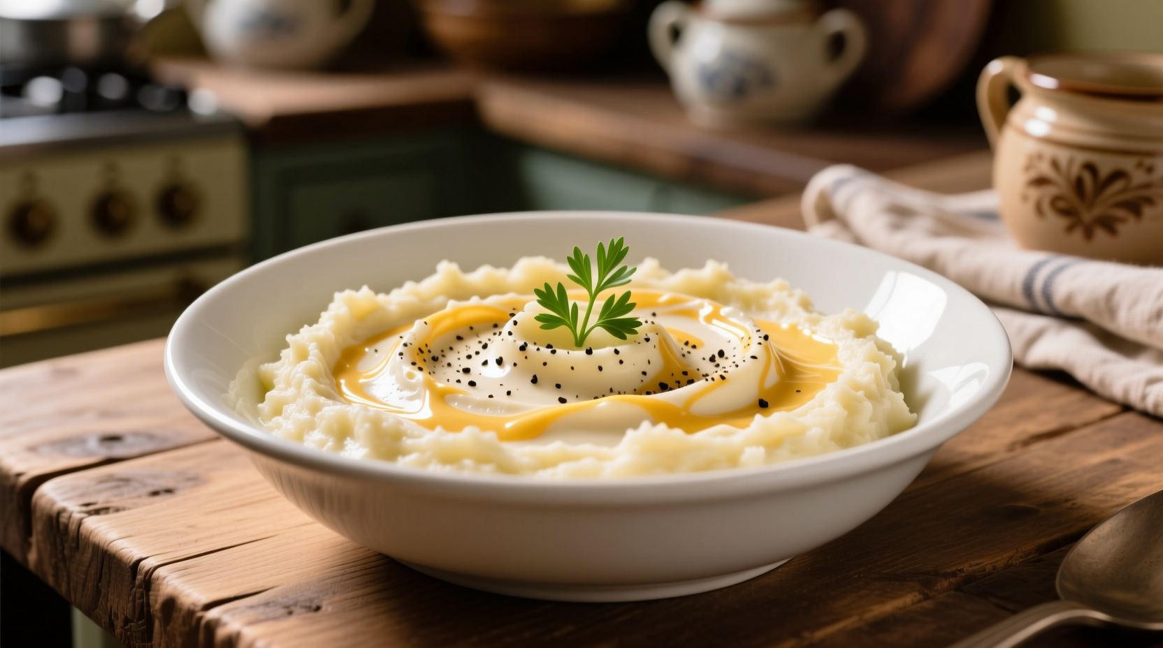 Creamy mashed potatoes with cream cheese in a white bowl