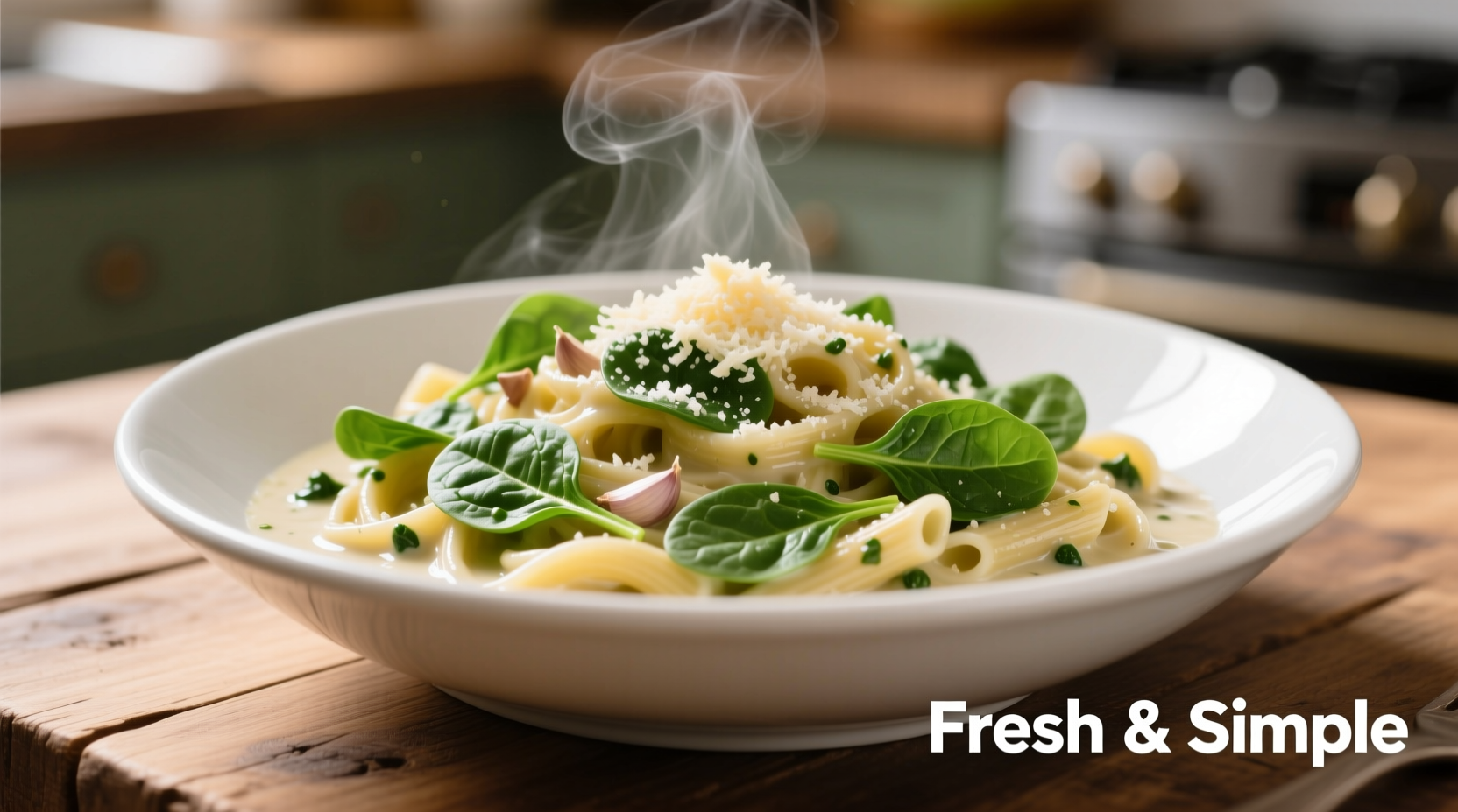 Creamy spinach garlic pasta in white bowl
