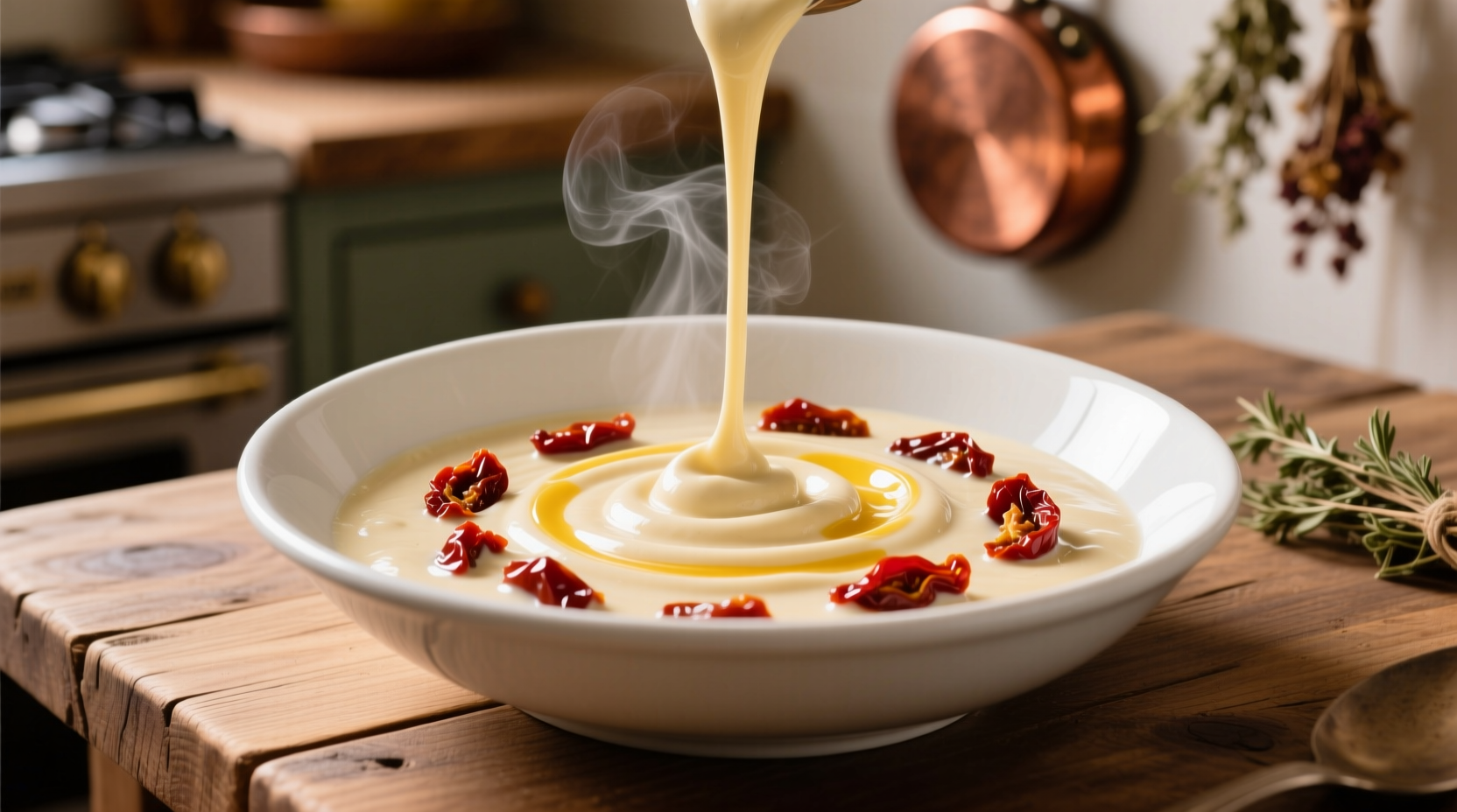 Creamy sun dried tomato alfredo sauce in white bowl
