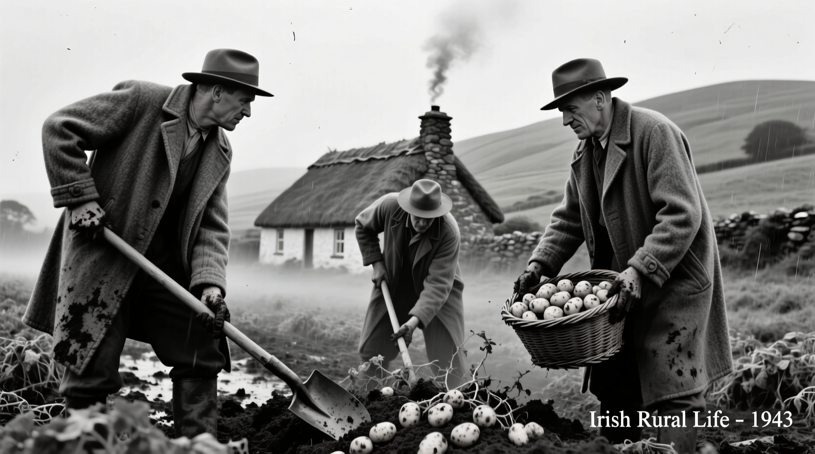 Historical photo of Irish potato farmers in the 1940s