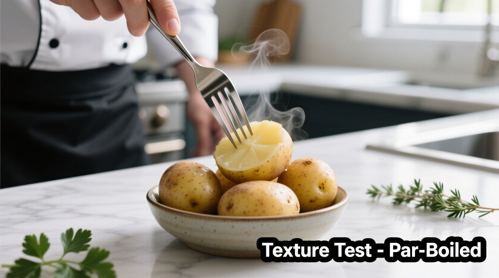 Chef testing par boiled potato texture with fork