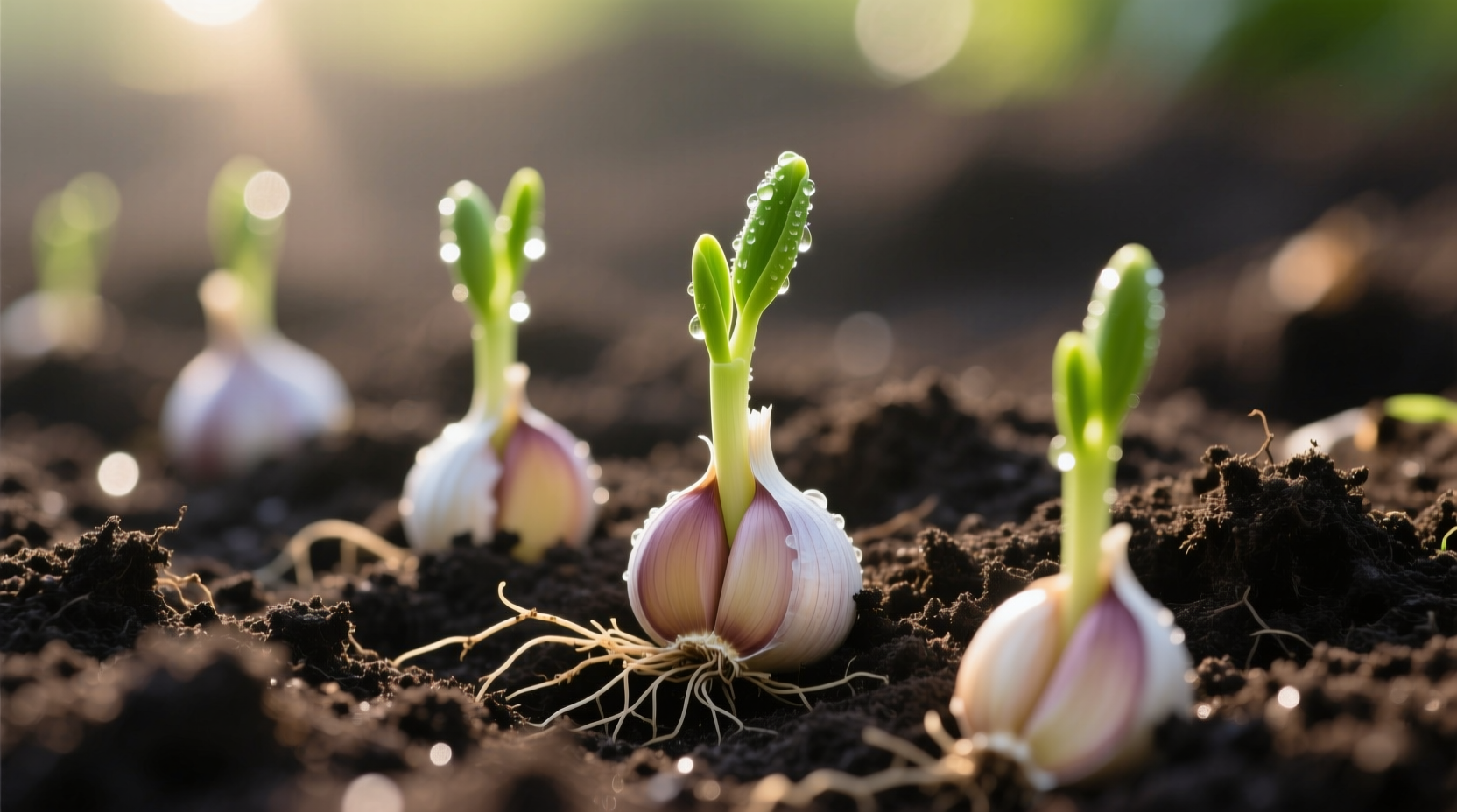 Garlic cloves planted in garden soil with sprouts