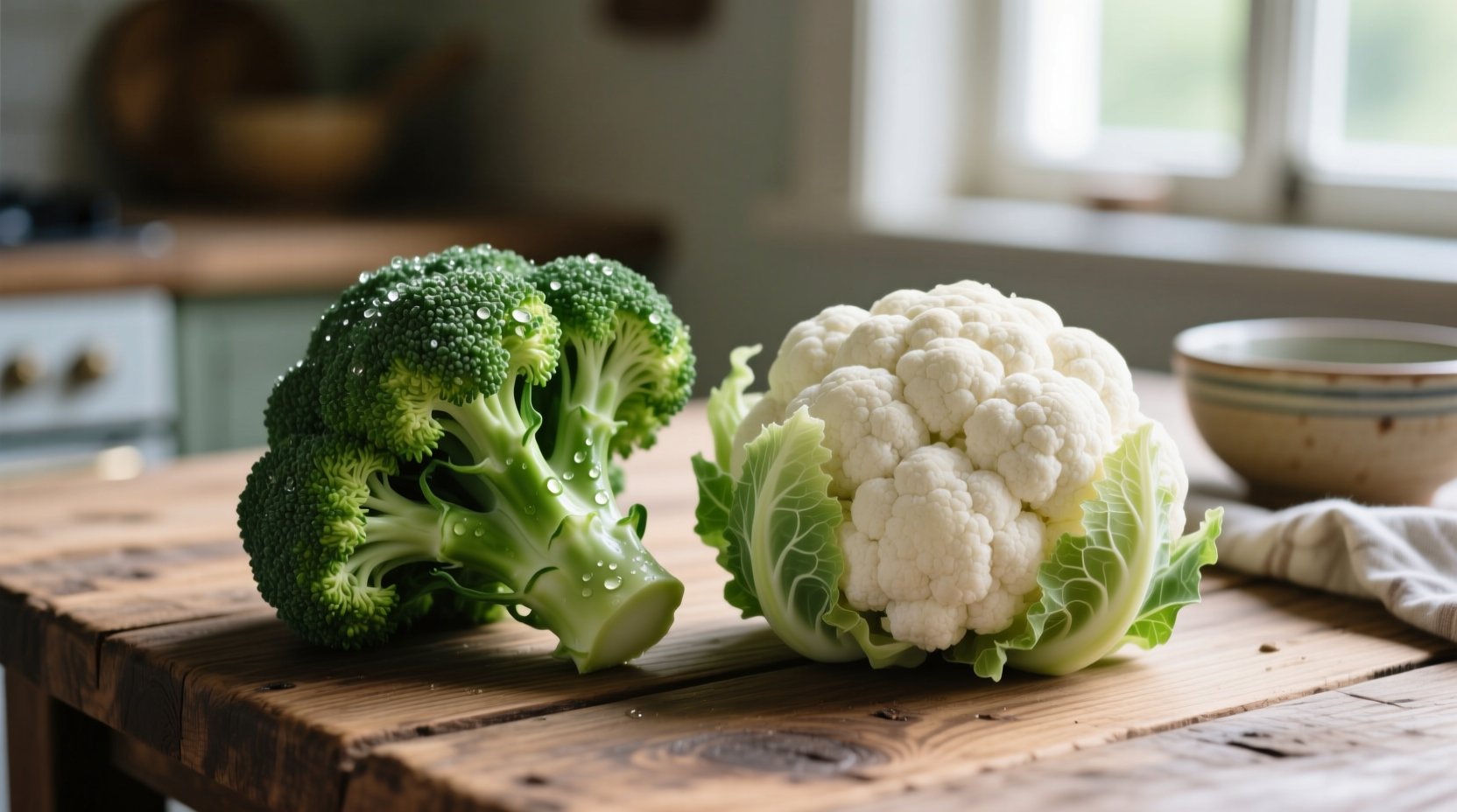 Fresh broccoli and cauliflower side by side on wooden table
