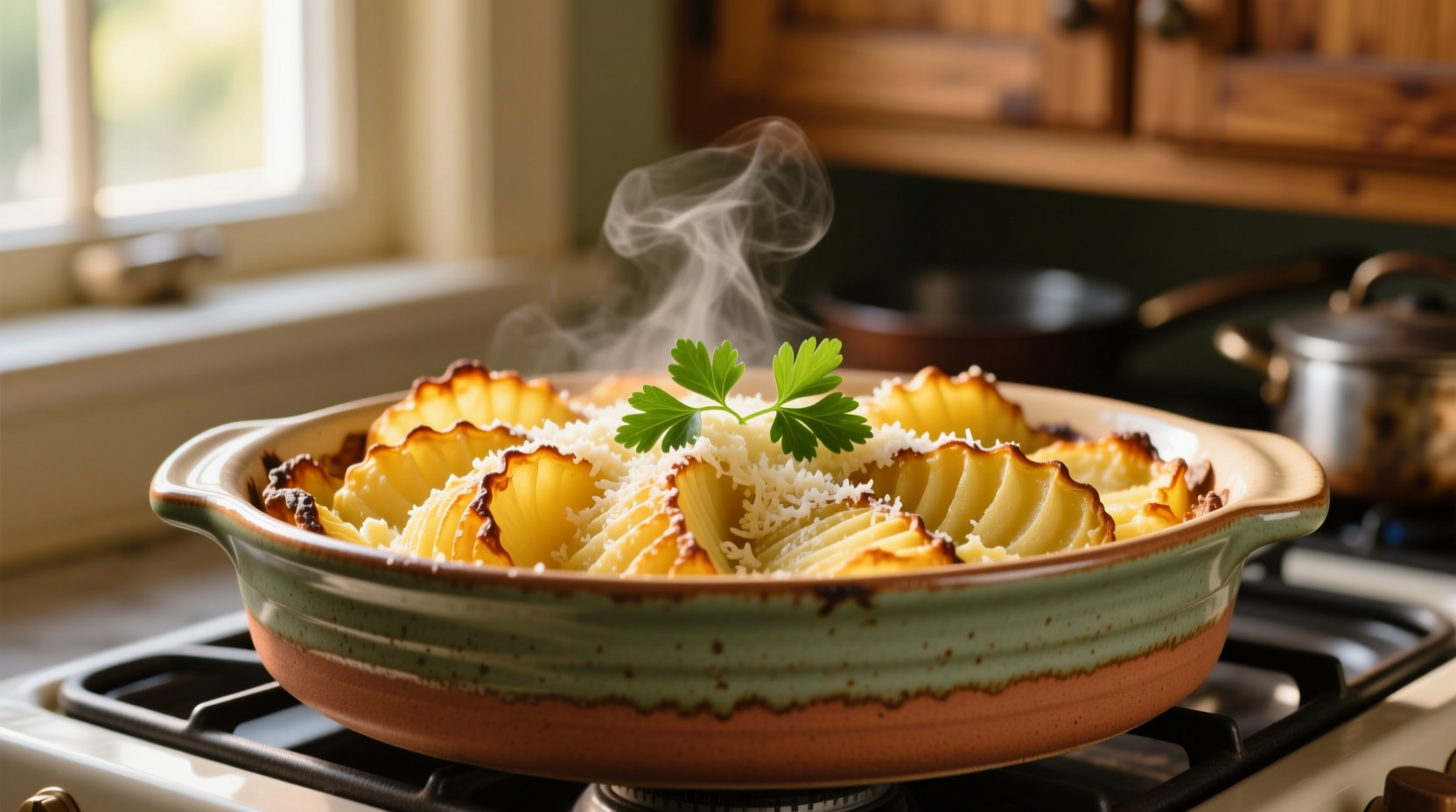 Golden scalloped potatoes baking in ceramic dish