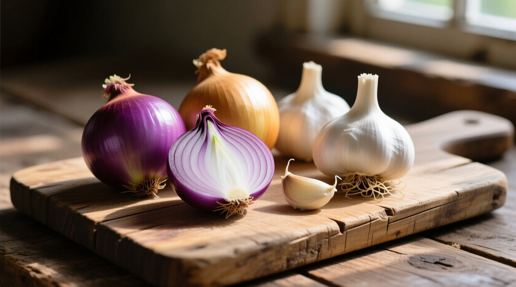 Fresh onions and garlic bulbs on wooden cutting board