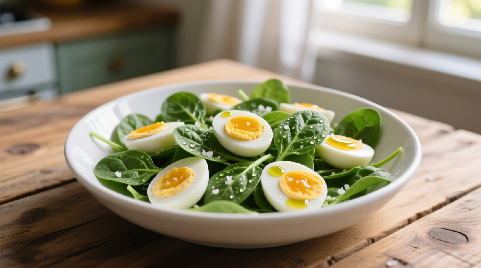 Fresh spinach salad with perfectly sliced hard-boiled eggs
