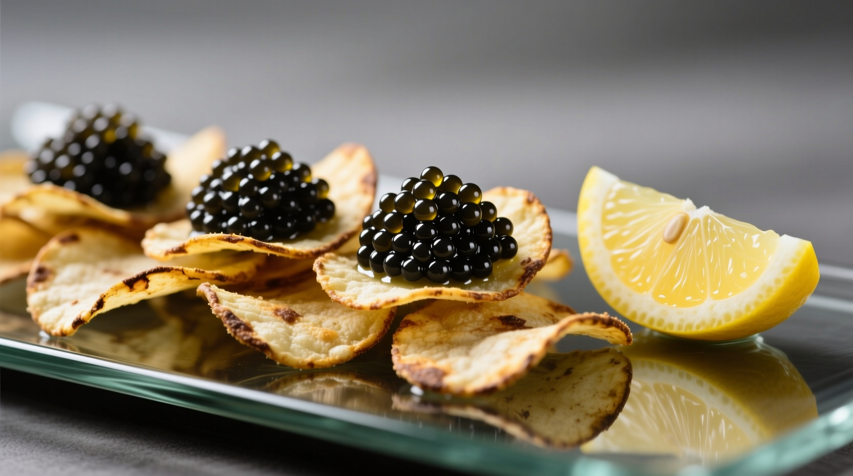 Caviar served on artisanal potato chips with lemon wedge
