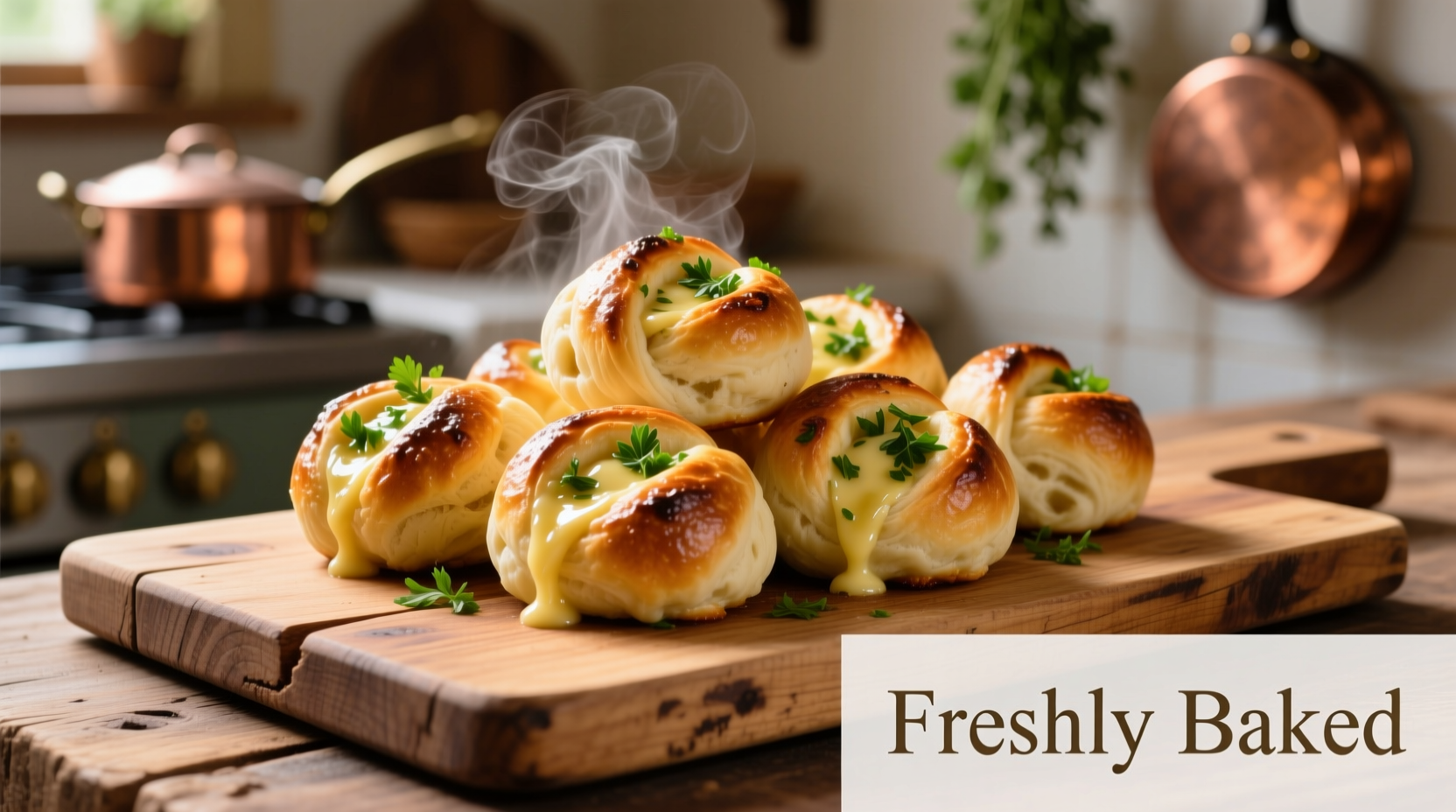Golden homemade garlic knots on rustic wooden board