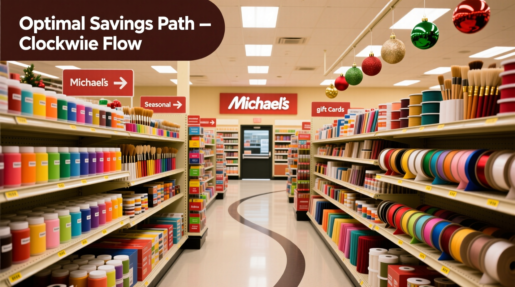 Michaels store aisle showing clockwise navigation path for optimal savings