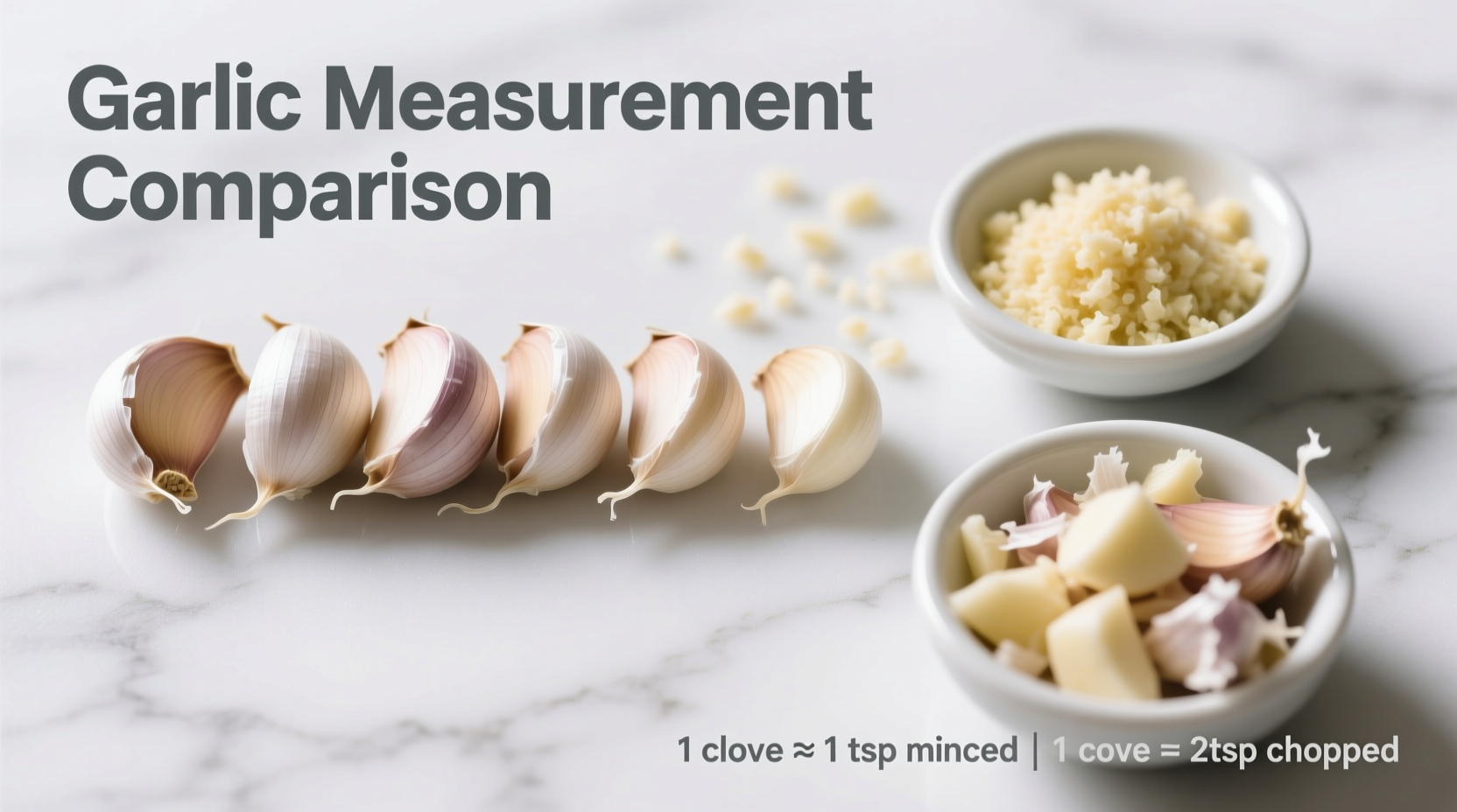 Garlic measurement comparison showing cloves, minced, and chopped