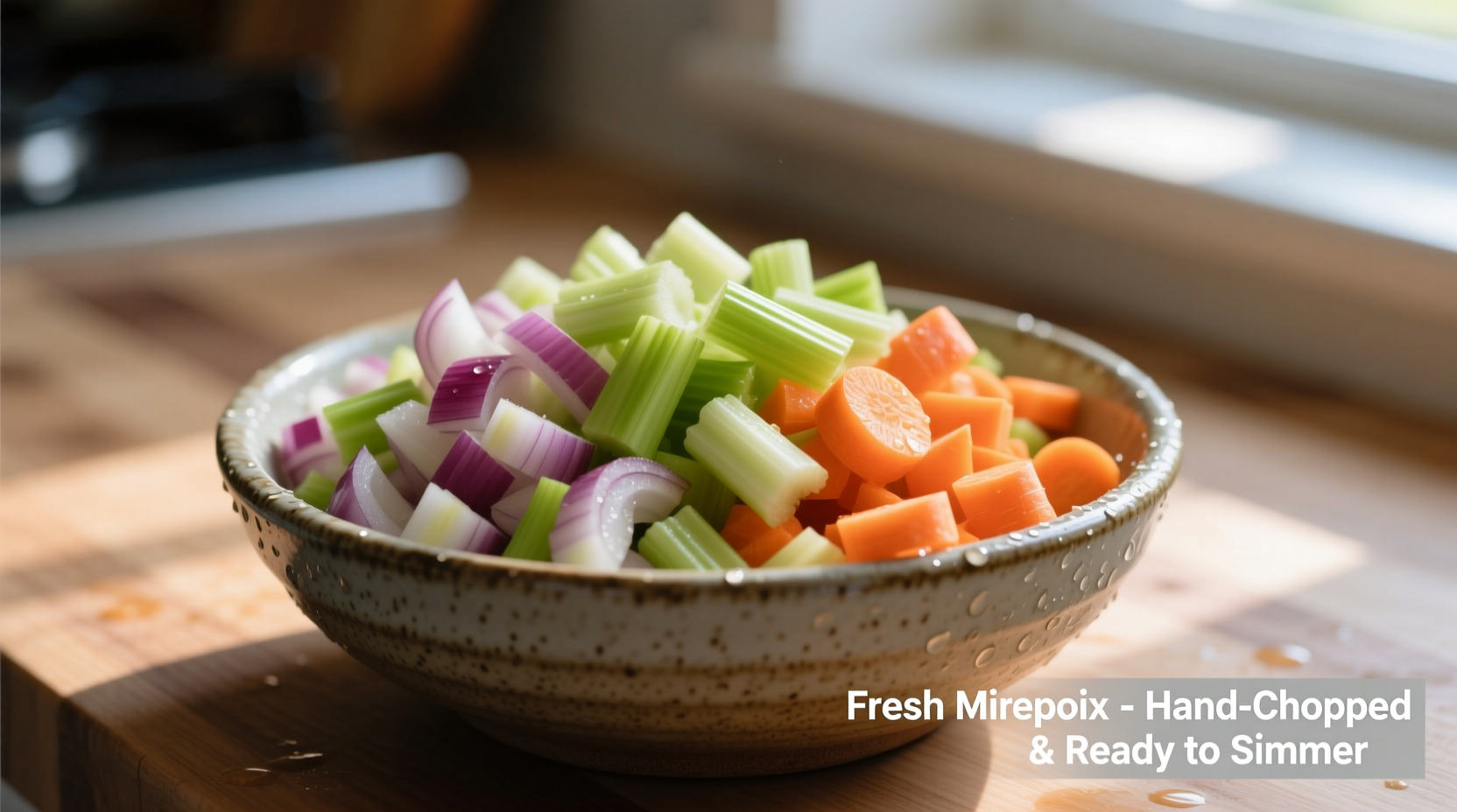 Chopped onion celery carrot mirepoix in bowl