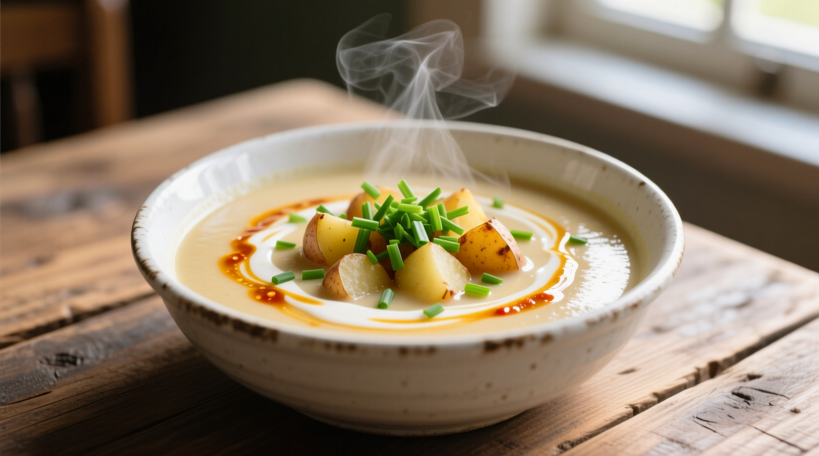 Creamy spicy potato soup in white bowl with fresh chives