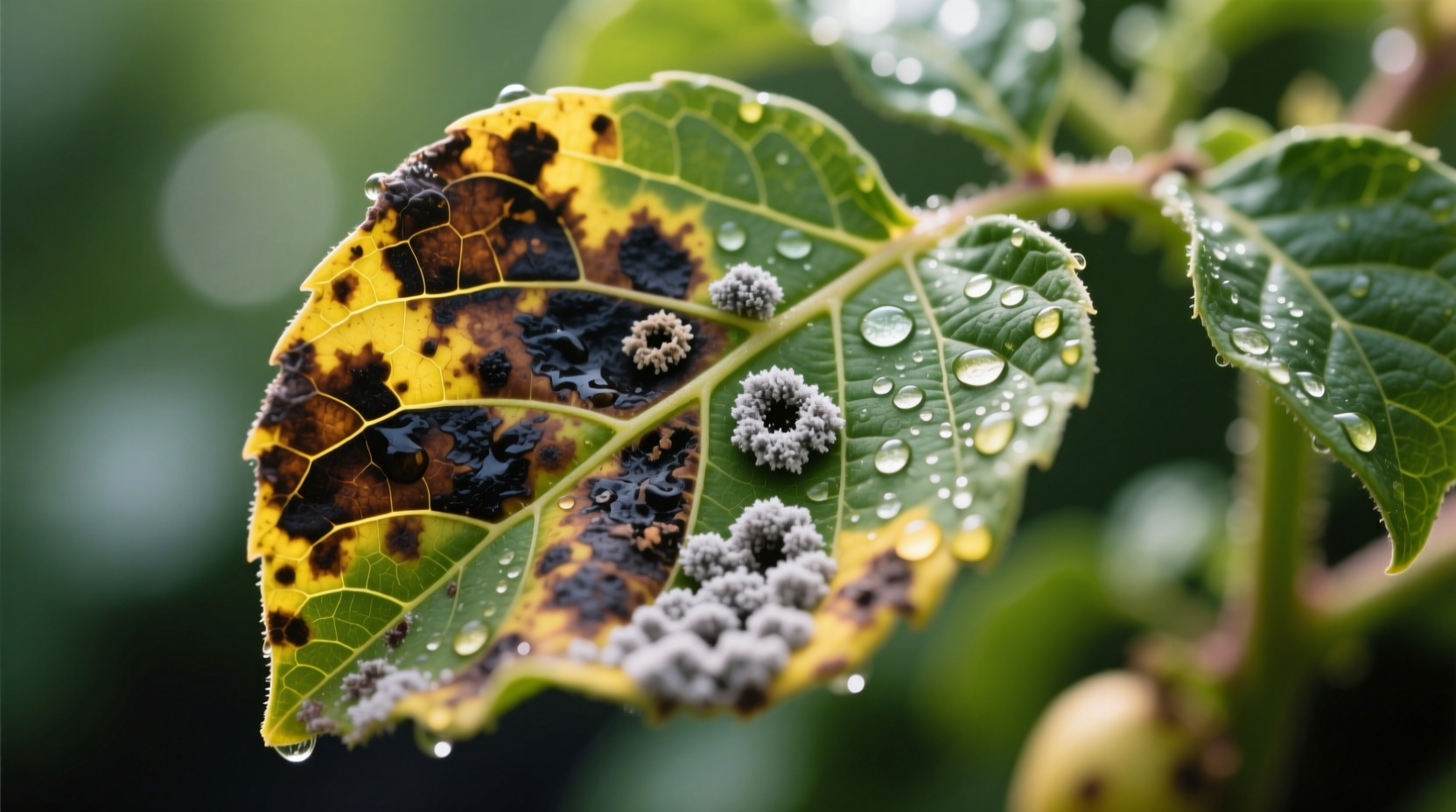 Close-up of potato leaf with characteristic late blight lesions