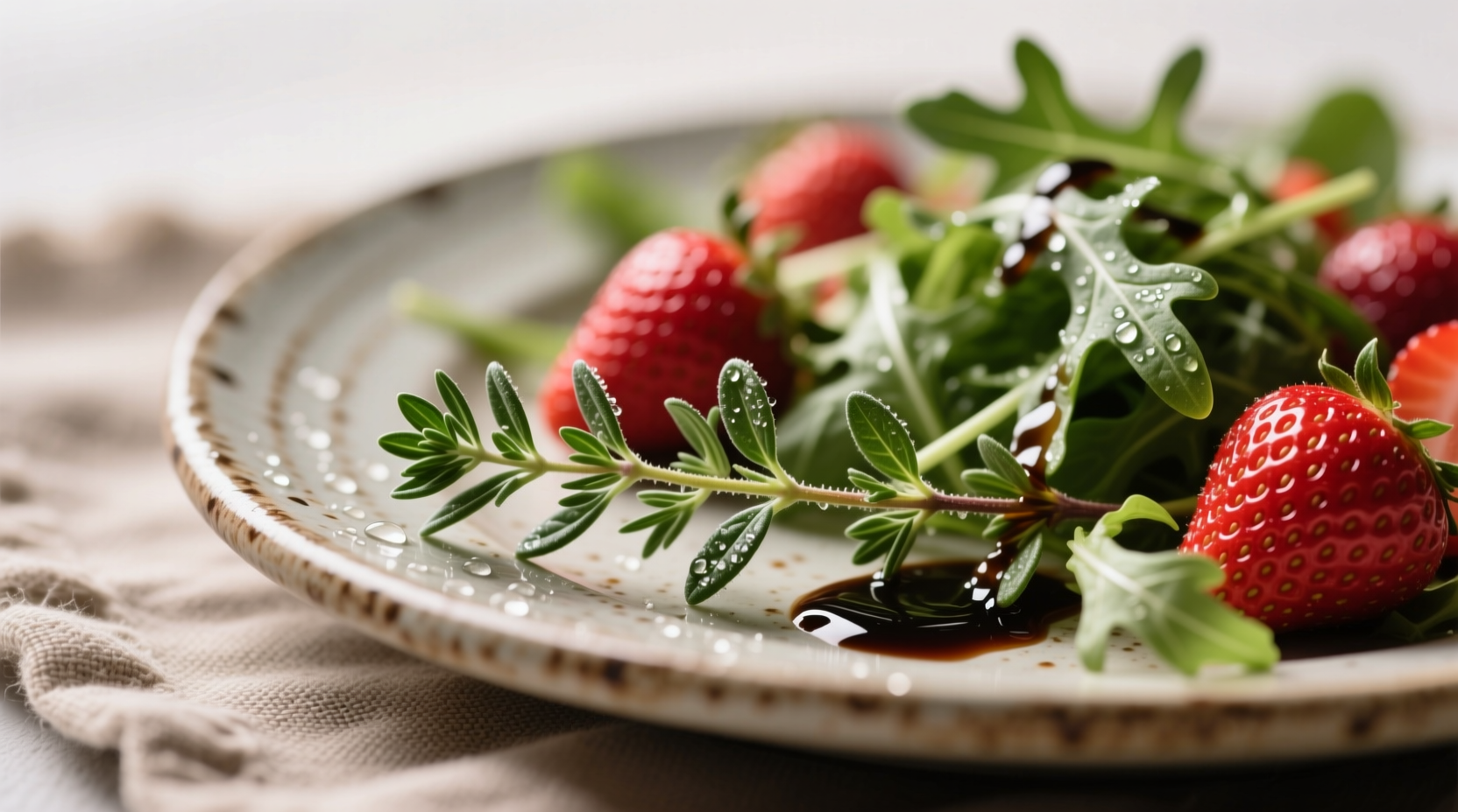 Thyme-infused strawberry salad with balsamic reduction and cracked pepper on rustic ceramic plate