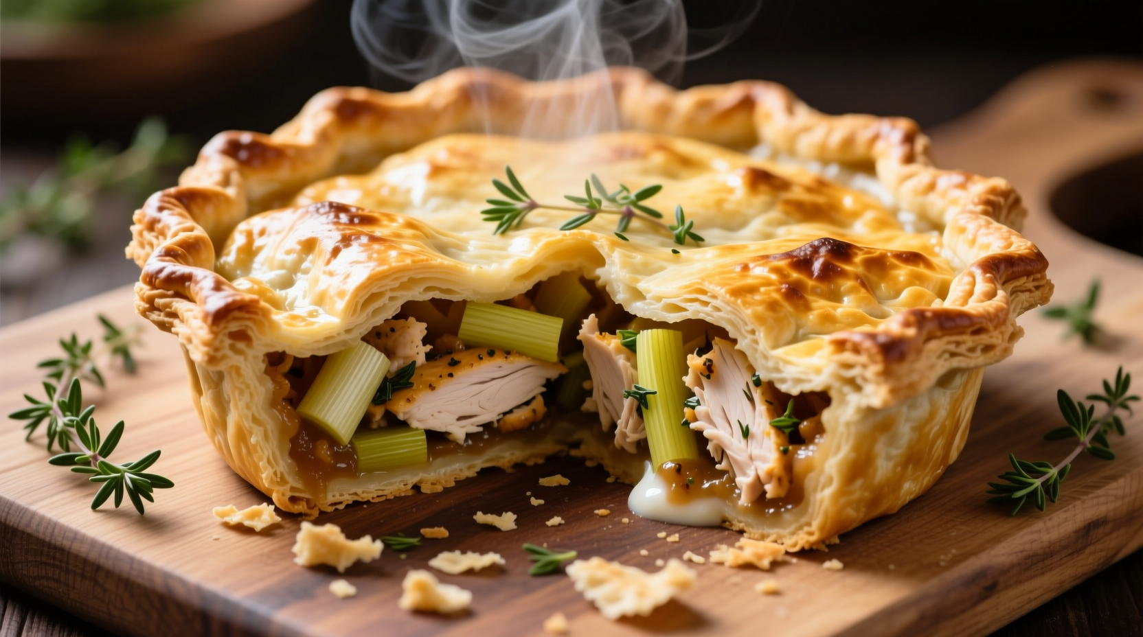 Golden chicken leek pie with flaky pastry crust