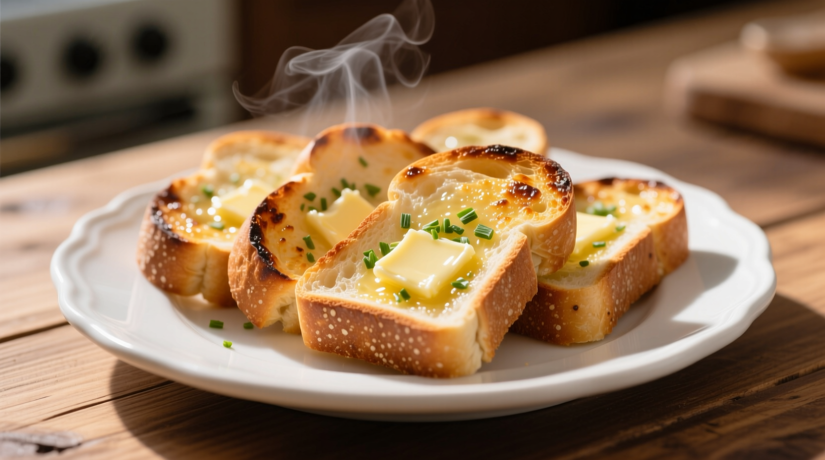 Golden brown garlic bread slices on white plate