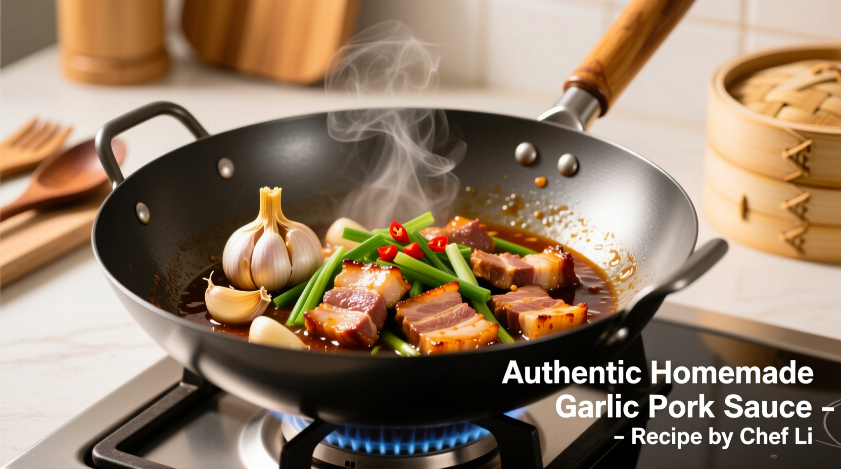 Homemade garlic pork sauce in wok with fresh ingredients